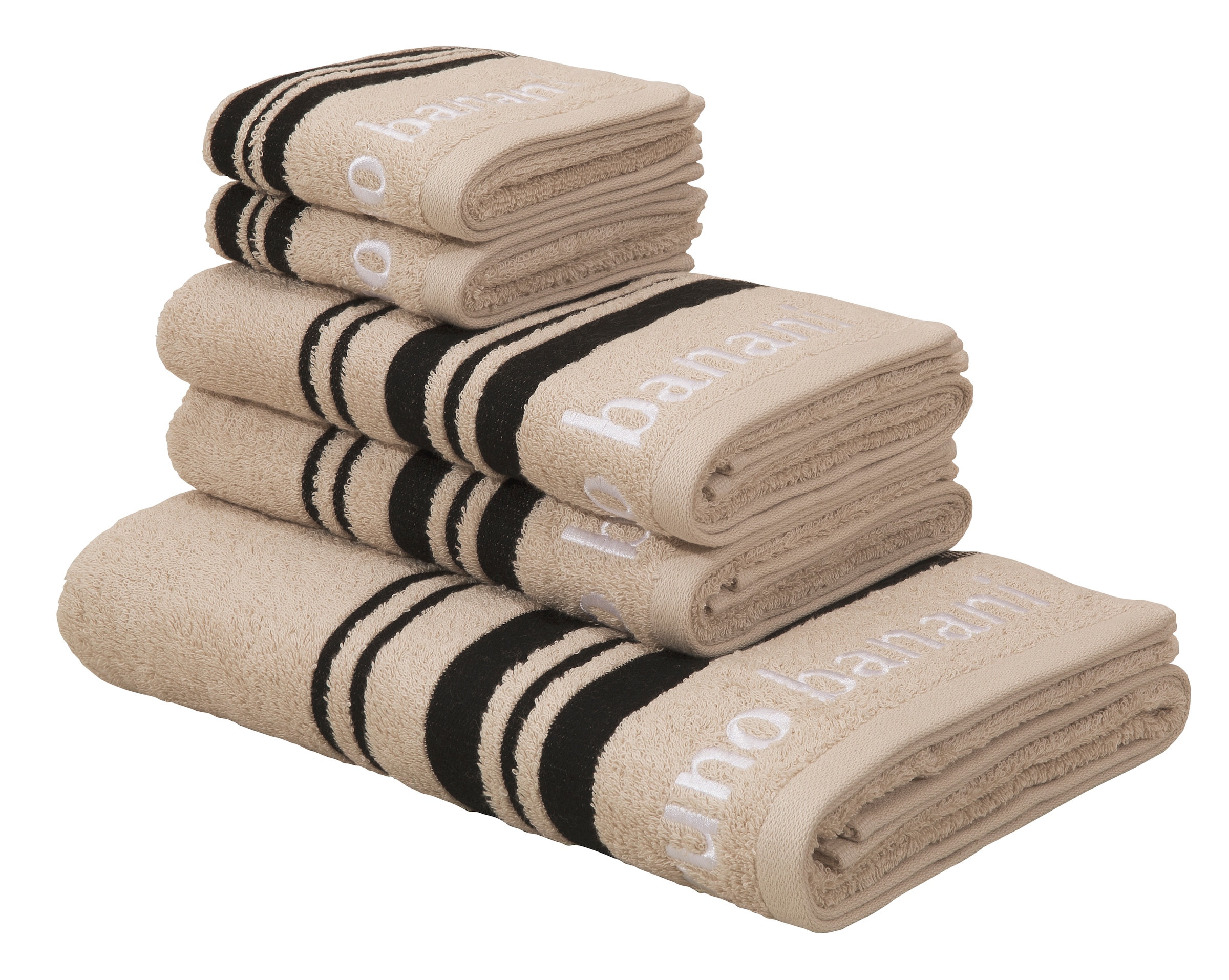 Image of Bruno Banani Handtuch Set "Daniel, 1 Duschtuch 70x140, 2 Handtücher 50x100, 2 Gästetücher 30x50" Set 5 Walkfrottee Streifen-Bordüre & Markenlogo, weich, 100% Baumwolle