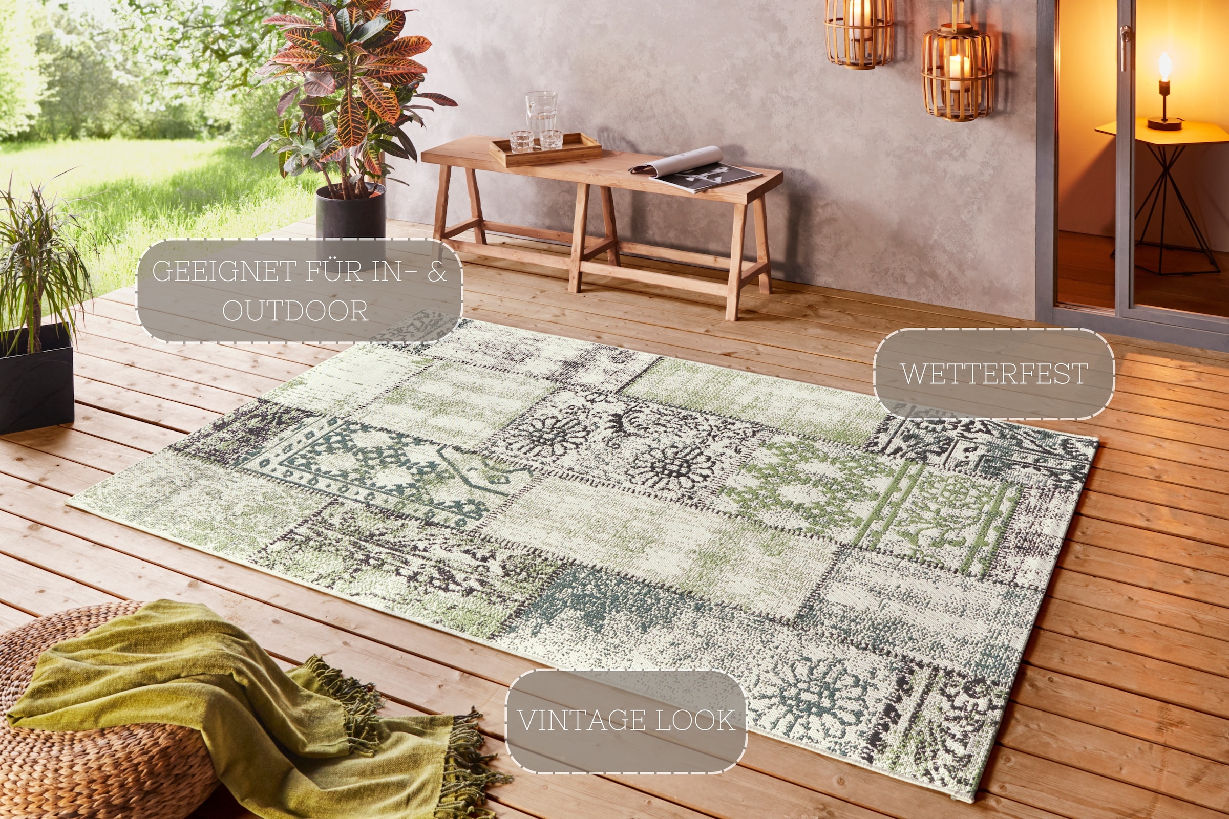 NORTHRUGS Teppich »Symi«, rechteckig, 8 mm Höhe, In- & Outdoor, Kurzflor, Läufer, Vintage, Wohnzimmer, Aussenbereich