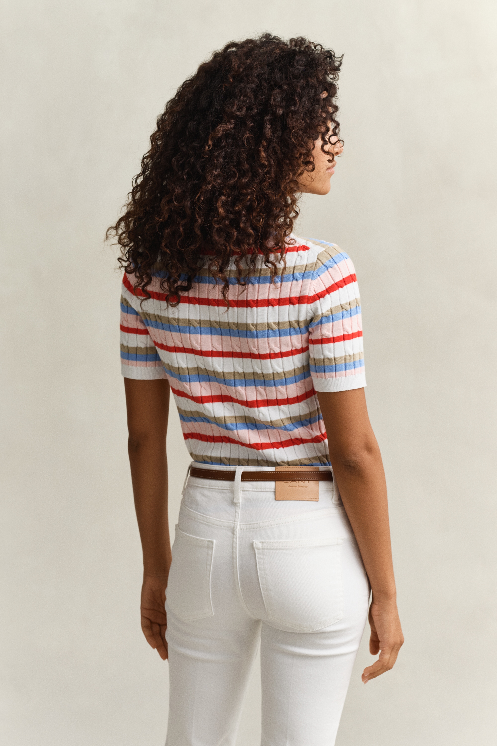 Gant Pull à manches courtes »STRETCH COTTON CABLE STRIPE SS« Gestreifter Zopfstrick, Rundhals, Schmale Passform