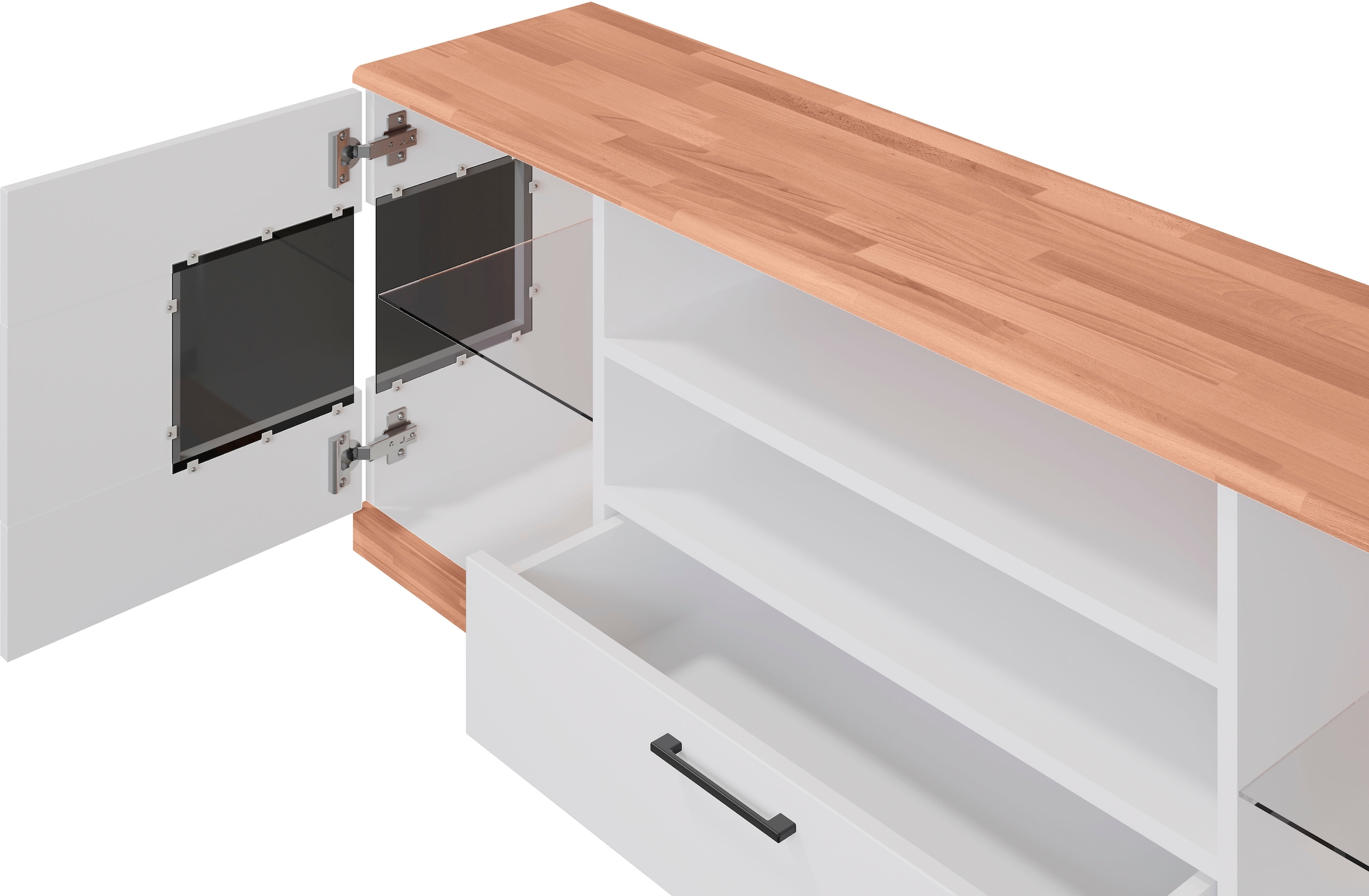 Home affaire Lowboard »Ribe,160cm breit,55cm hoch«, Oberplatte Massivholz,schwarze Metall Griffe,2 Türen mit Glaseinsatz