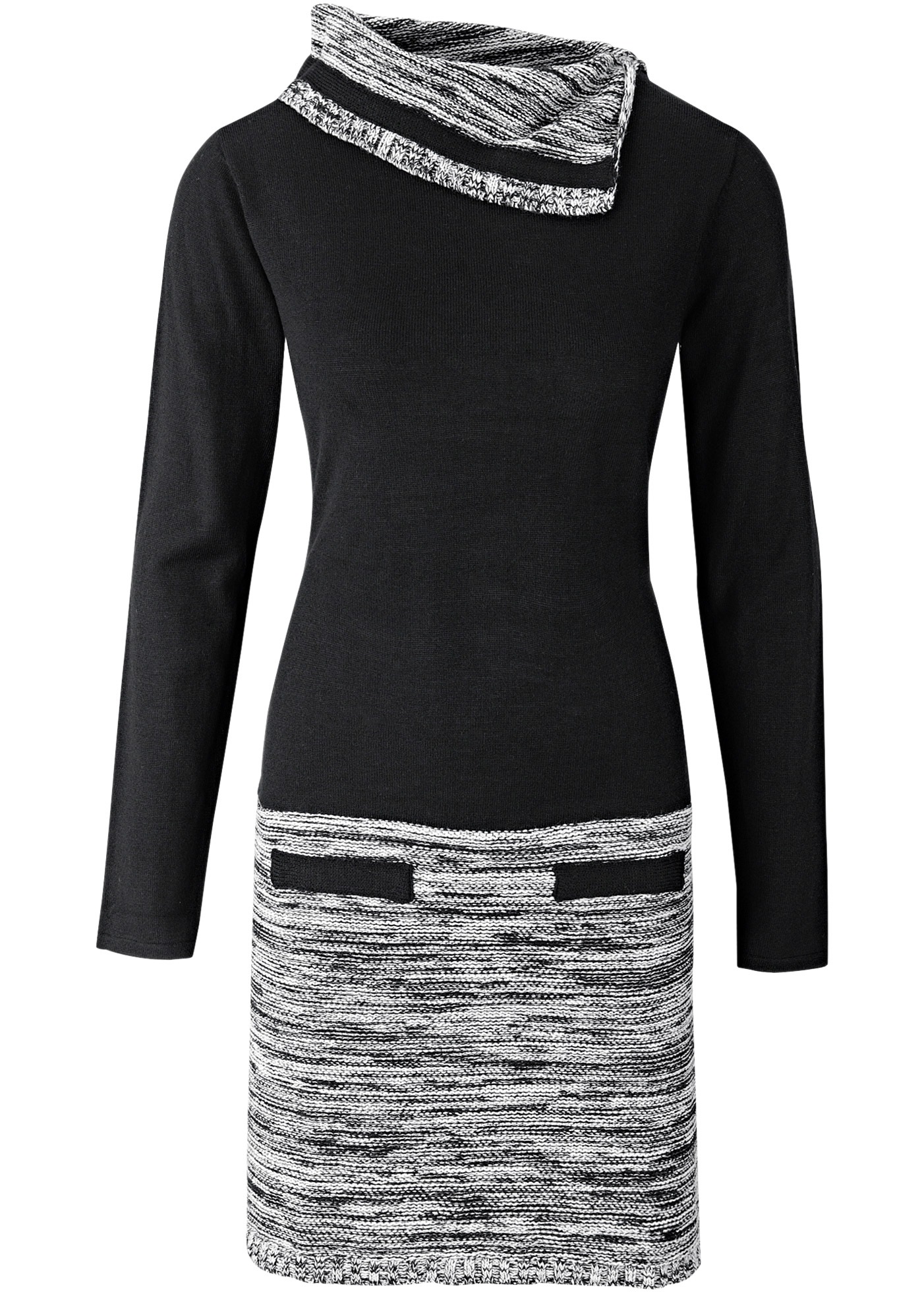 bonprix Strickkleid Ziertaschen zweifarbiger Look, toller Umlegekragen