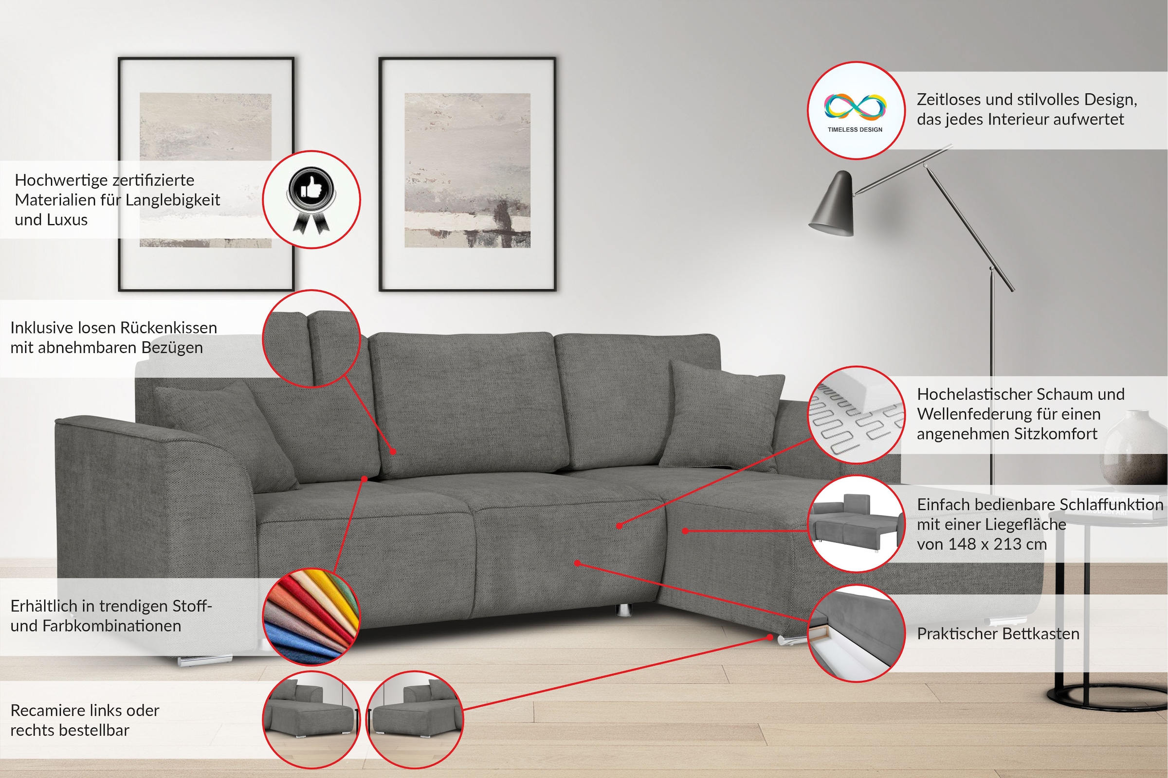 GOODproduct Ecksofa »BEATRICE optionale Schlafsofa mit Bettkasten, B/T/H: 265/170/86 cm« L-Form, wahlweise auch mit Bettfunktion und Bettkasten