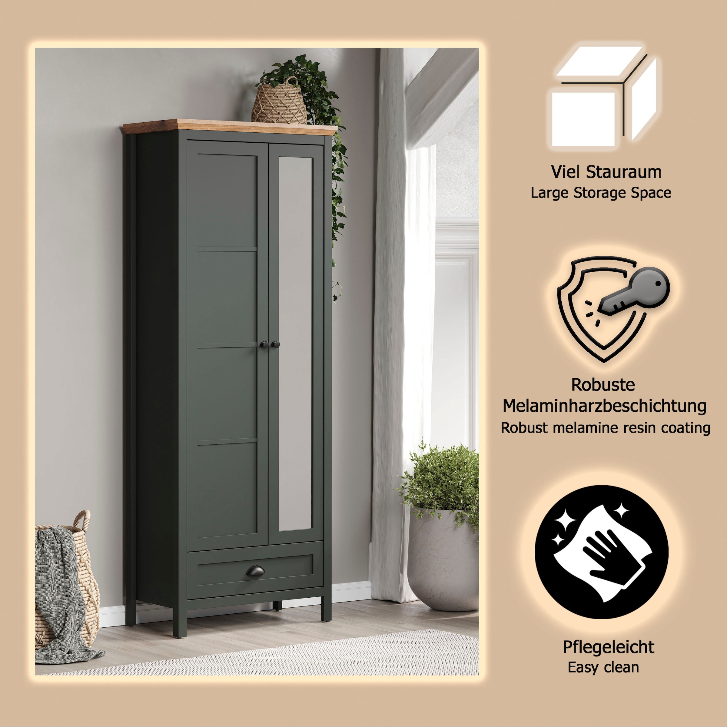 Home affaire Armoire vestiaire »Vienna« 1 cuis tlg. Garderobenschrank, 2 Türen, 1 Schubkasten & Vollauszug 77/39/198 cm