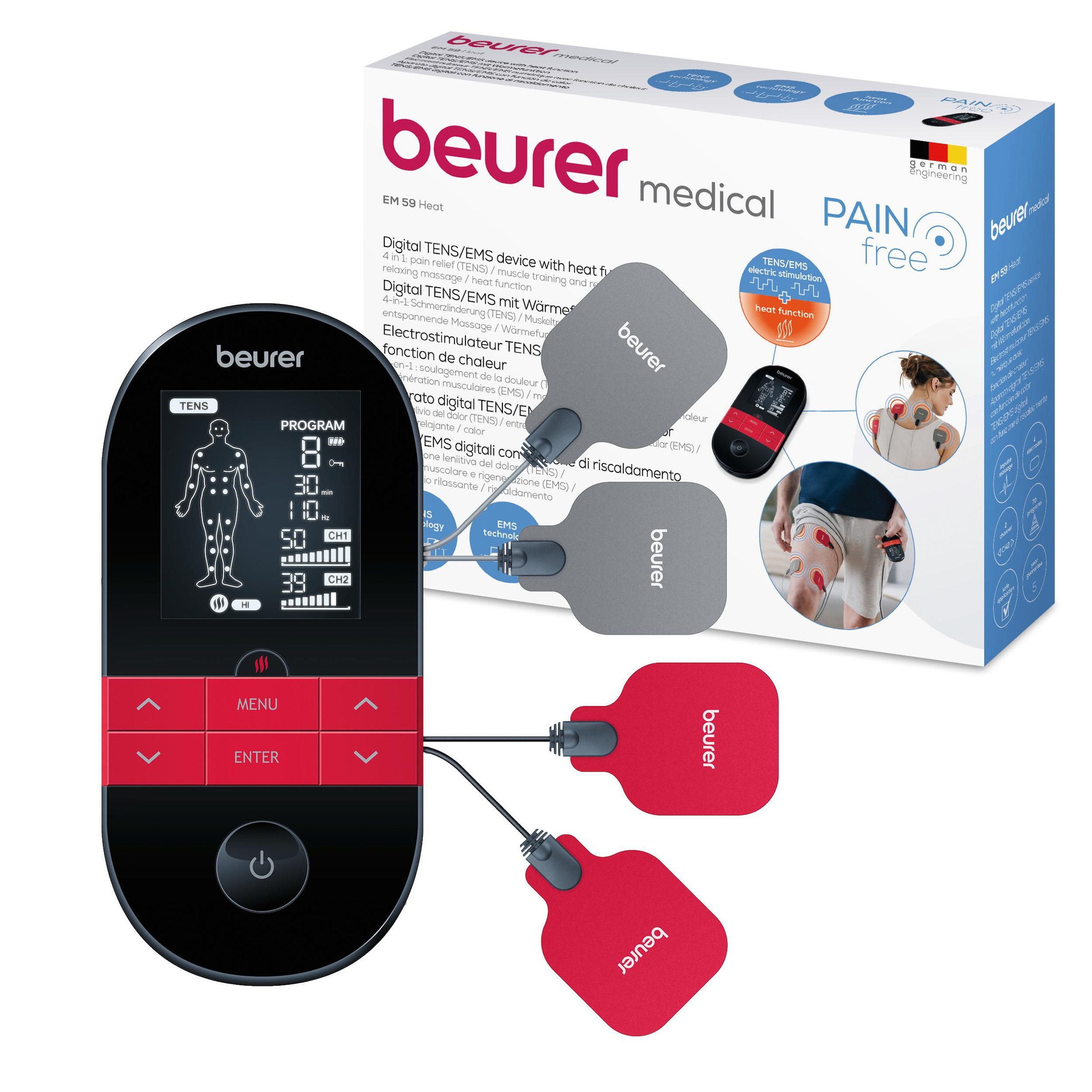 Image of BEURER TENS-EMS-Gerät "EM 59 Heat, Reizstromgerät mit Wärmefunktion und 4 Elektroden" 3-in-1: TENS (Schmerzlinderung), EMS (Muskelstimulation) und Massage