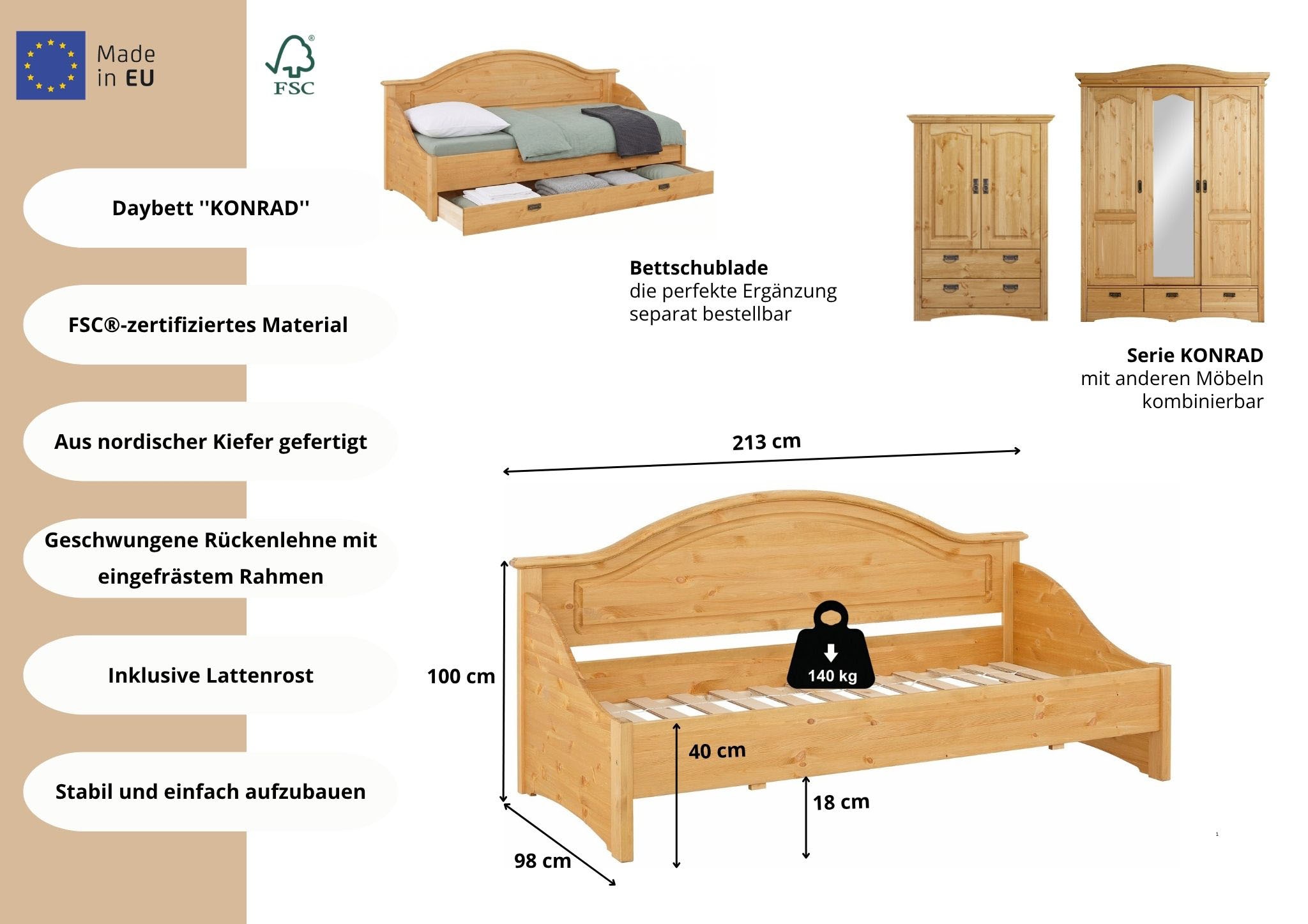 GOODproduct Daybett »Konrad« stabile Konstruktion aus massiver Kiefer, mit Rollrost