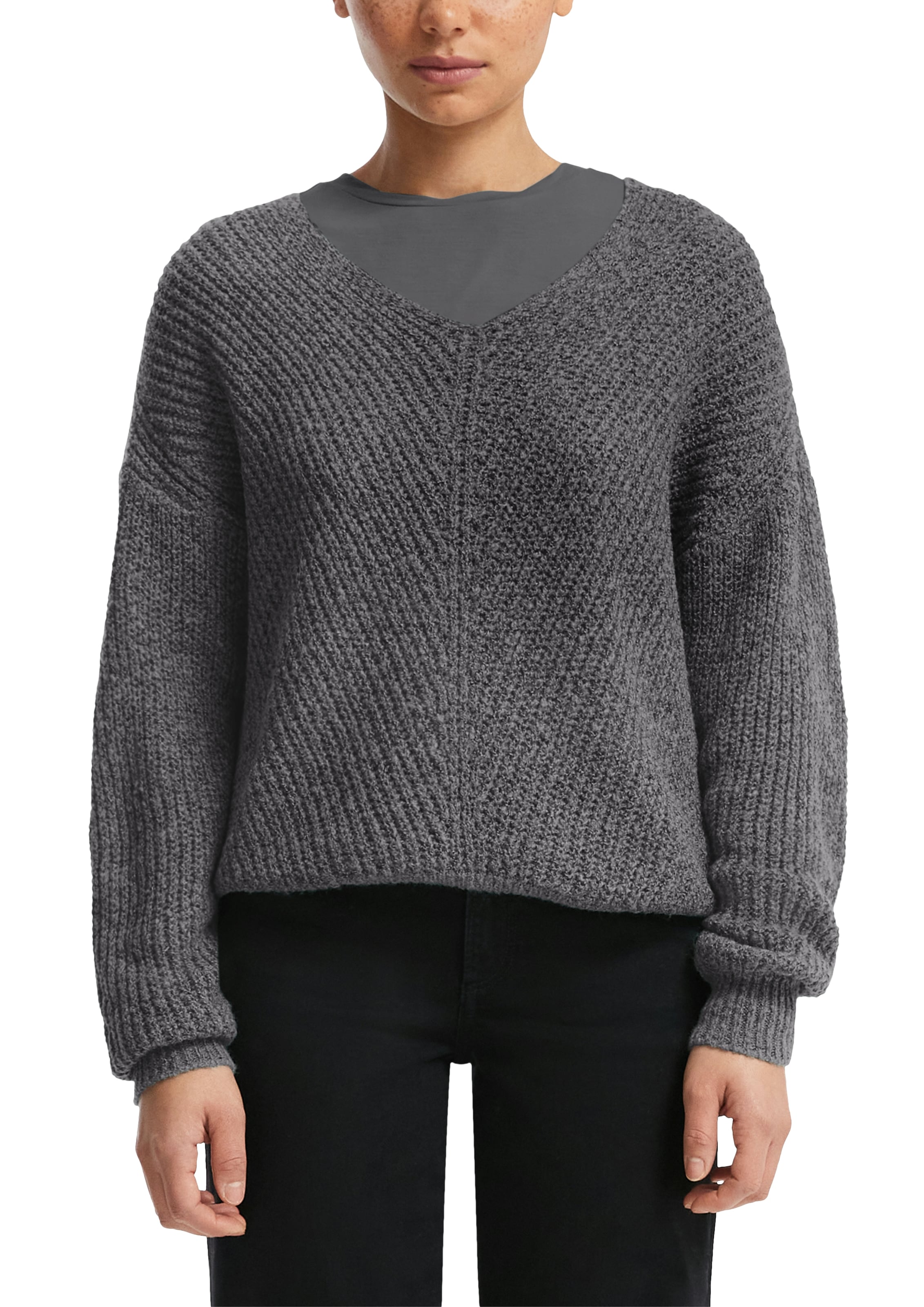 Image of QS Strickpullover mit V-Ausschnitt und Struktur-Strick