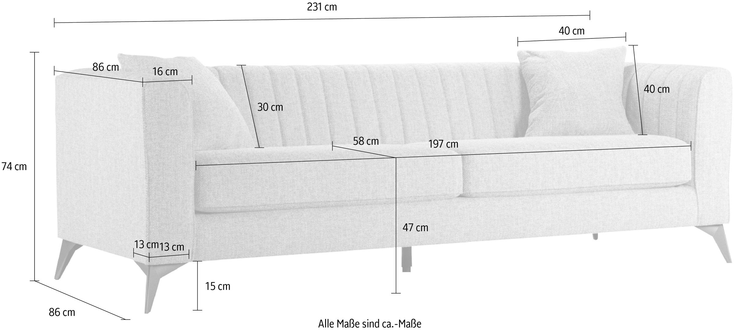 Places of Style 4-Sitzer »MATTHEW elegantes Designsofa, Masse B/T/H: 231/86/74 cm«, XXL, Steppung im Rücken, lose Sitzkissen, incl 2. Zierkissen