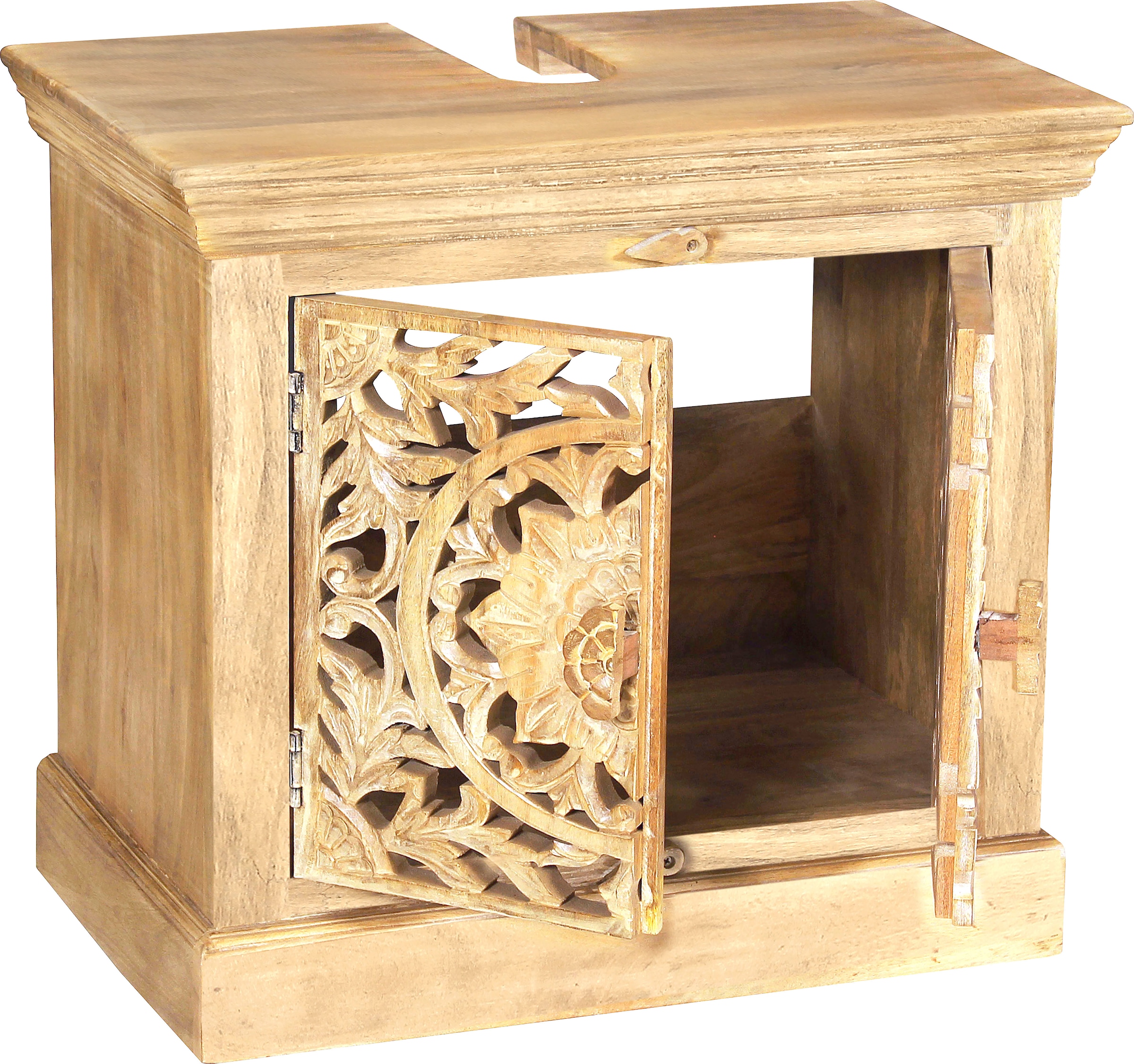 SIT Armoire basse »Gabès aus Mangoholz mit Schnitzereien & 2 Türen« Face décorative avec sculptures artisanales élaborées