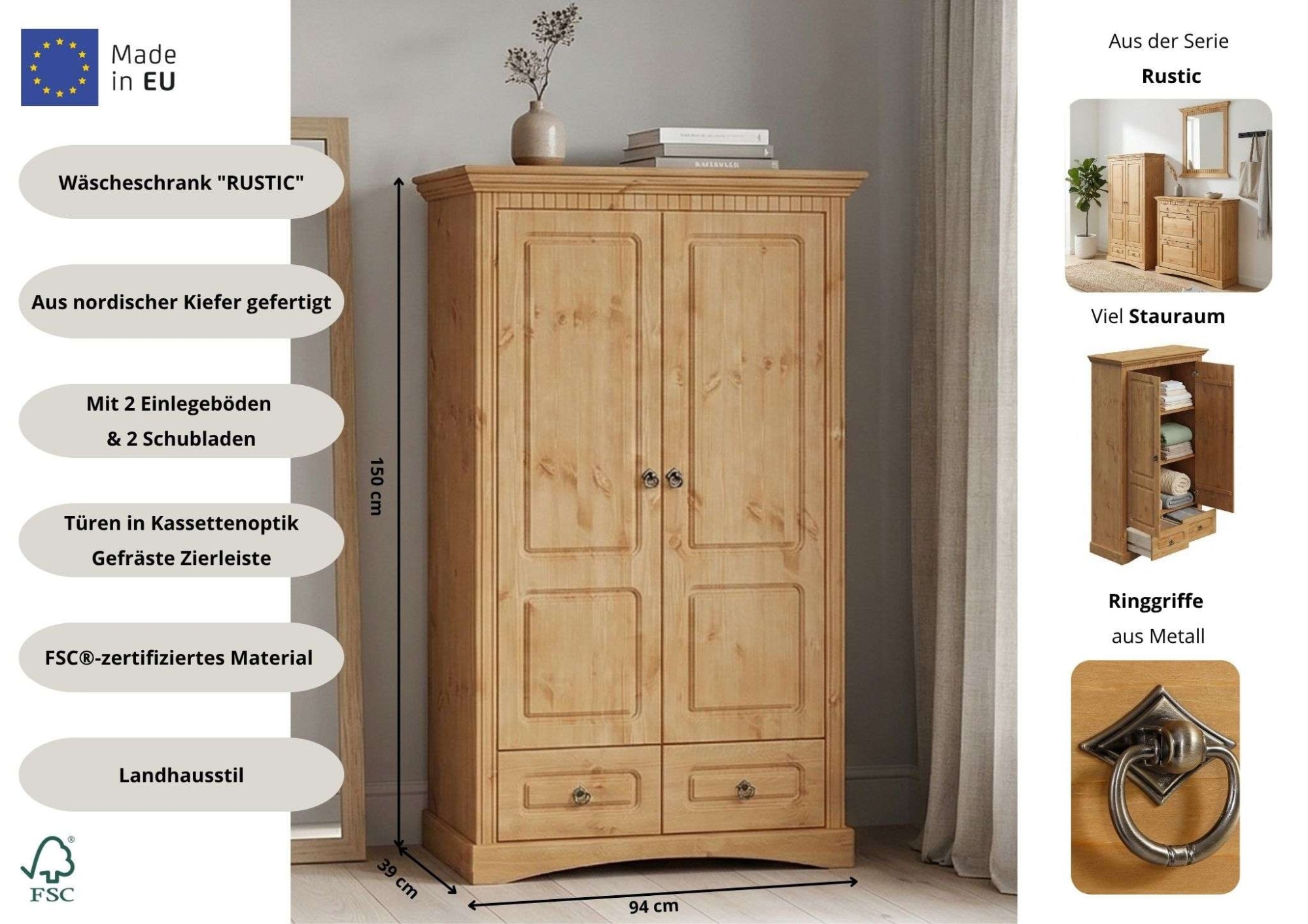 GOODproduct Wäscheschrank »Rustic« B/T/H: 94/39/150 cm,  aus massiver Kiefer, FSC®, schöne Kassettenoptik, mit Ringgriffen