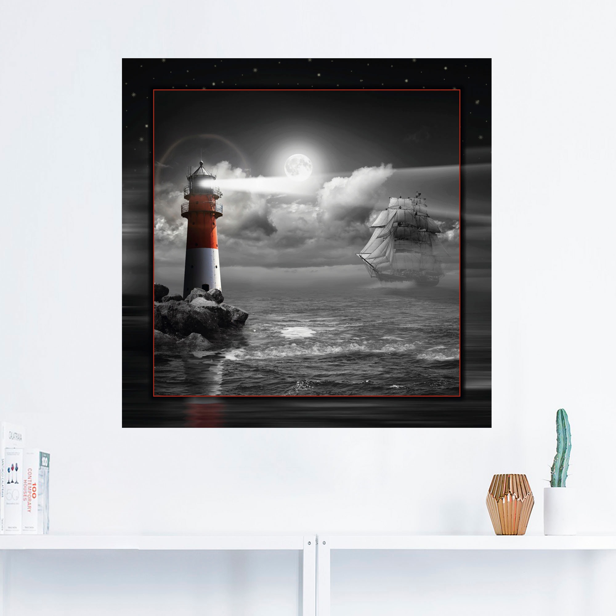 Artland Wandbild »Leuchtturm und Segelschiff im Mondschein«, Küste, (1 St.), als Leinwandbild, Poster, Wandaufkleber in verschied. Grössen