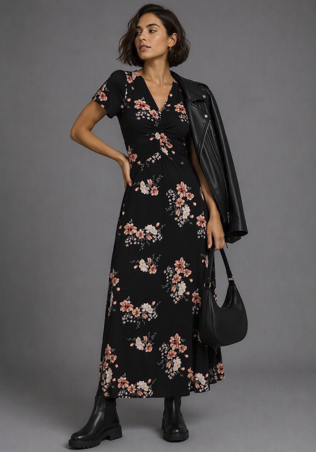 Image of Laura Scott Jerseykleid mit romantischem Blumendruck und Raffung, Midikleid
