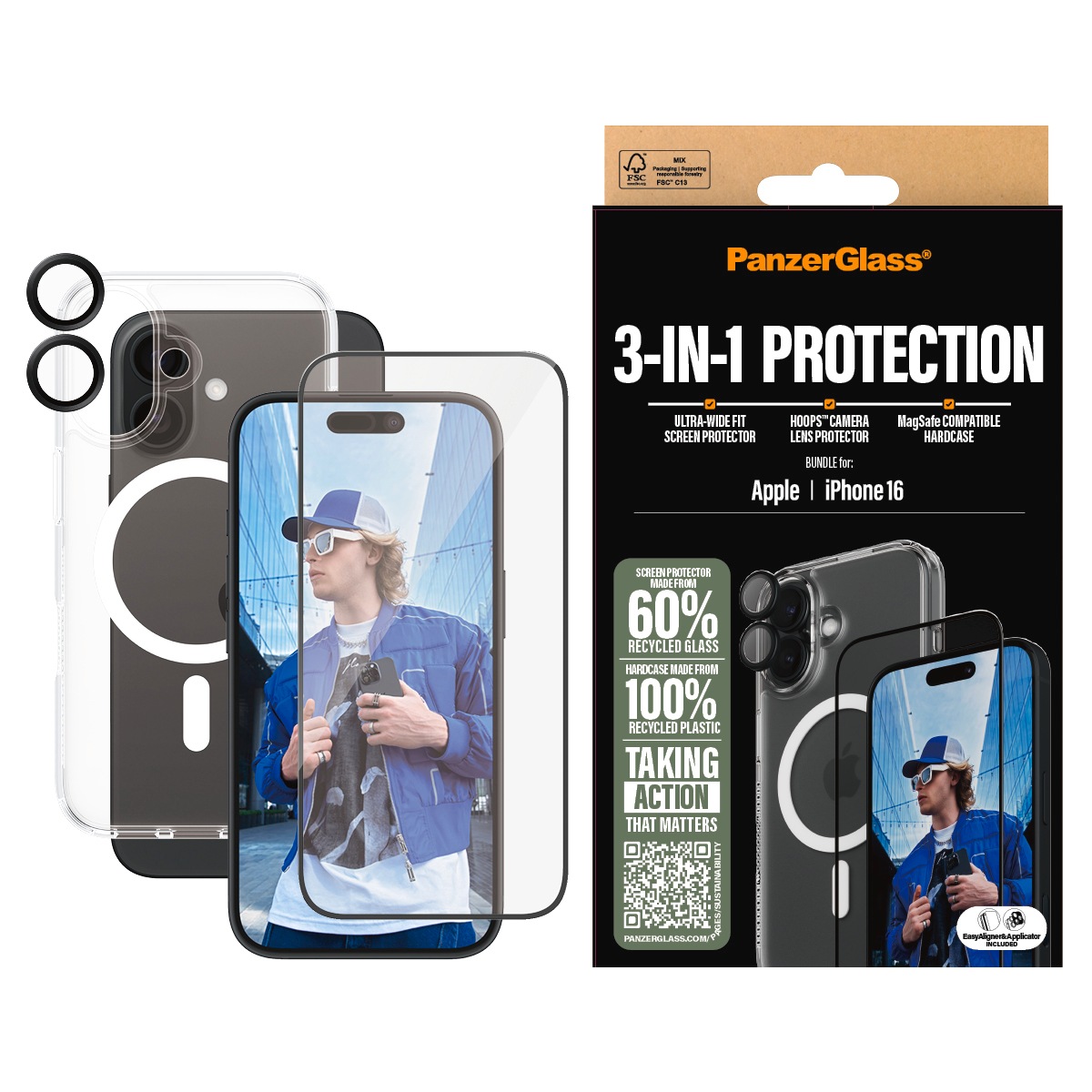 Image of PanzerGlass Displayschutzglas "3-in-1 Protection" für Apple iPhone 16 Set, bestehend aus Ultra-Wide Fit Glass, Hoops, Case, 3 Stk. tlg. Displayschutzfolie, Set, Kameraglas, Cover, MagSafe, kratz- & stossfest