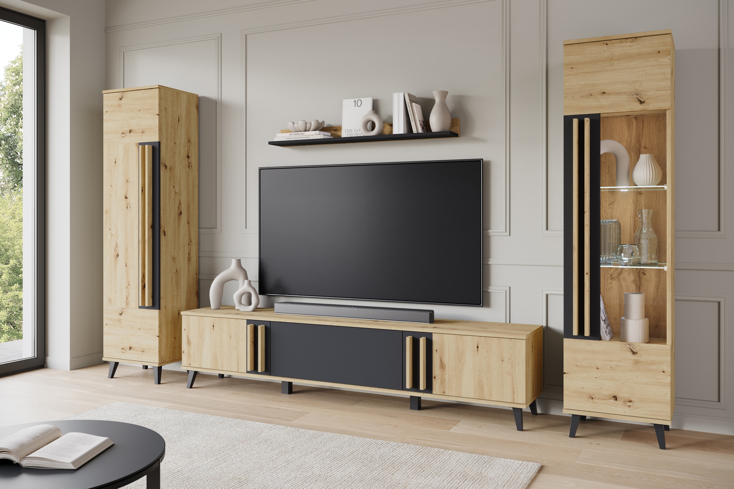 Home affaire Wohnwand »Helsinki, Modernes Set mit verglaster Vitrine« Komplett-Set, 4 Stk. tlg.