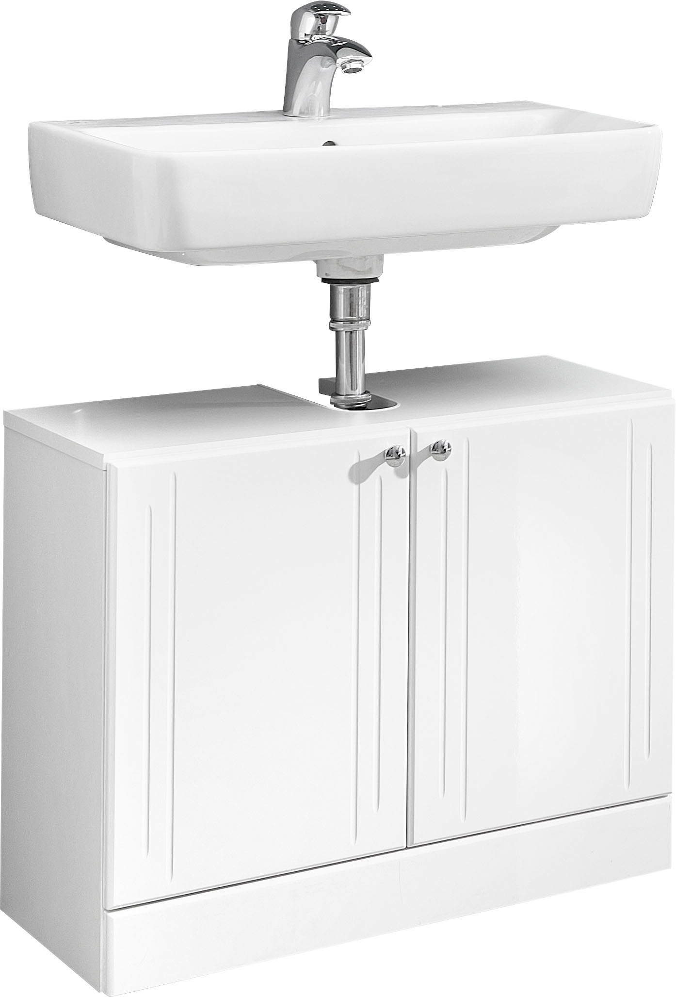 Saphir Waschbeckenunterschrank "Quickset 955 Unterbeckenschrank, Weiß Hochglanz, 2 Türen" Waschbeckenschrank inkl. Türdämpfer, 65 cm breit, ohne Waschbecken