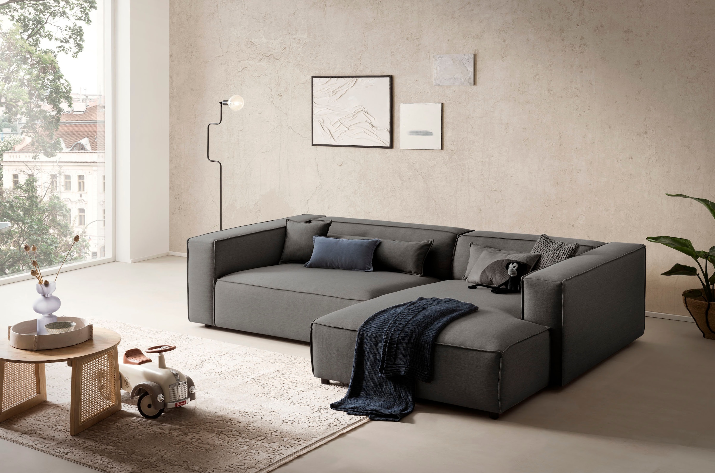 LeGer Home by Lena Gercke Ecksofa »PIARA XXL, Big-Sofa in Cord oder Leinenoptik, L-Form, mit Kedernaht«, wahlweise Ottomane rechts/links, schwarze Füsse, extra tiefe Sitzfläche