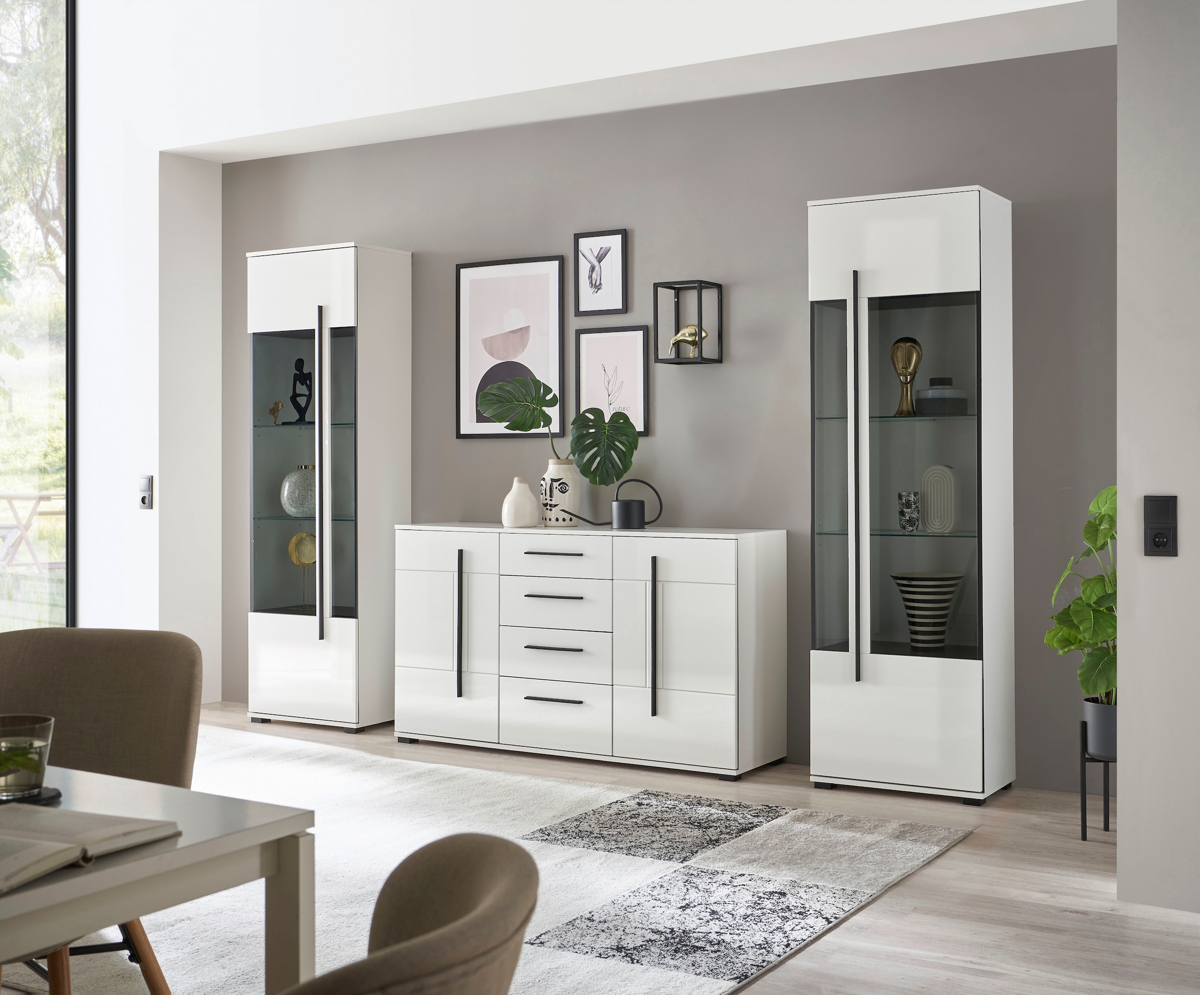 INOSIGN Wohnwand »Cantara, moderne Anbauwand, Wohnzimmer-Set, in Eiche Evoke oder Weiss«, (Set), enthält zwei Vitrinen und ein Sideboard