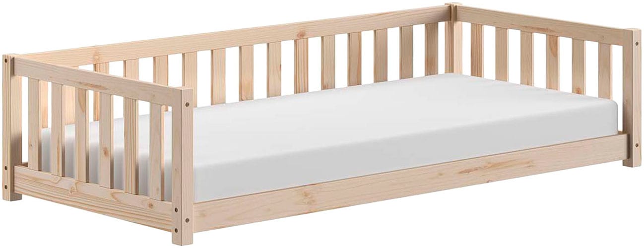 Vipack Lit d'enfant »Dallas, Massivholzbett, umbaubar vom Boden- zum Daybett« Incl. sommier à lattes roulantes et cadre à barreaux, largeur 90 ou 140x200 cm,  construction stable et solide, en pin massif naturel ou blanc au choix