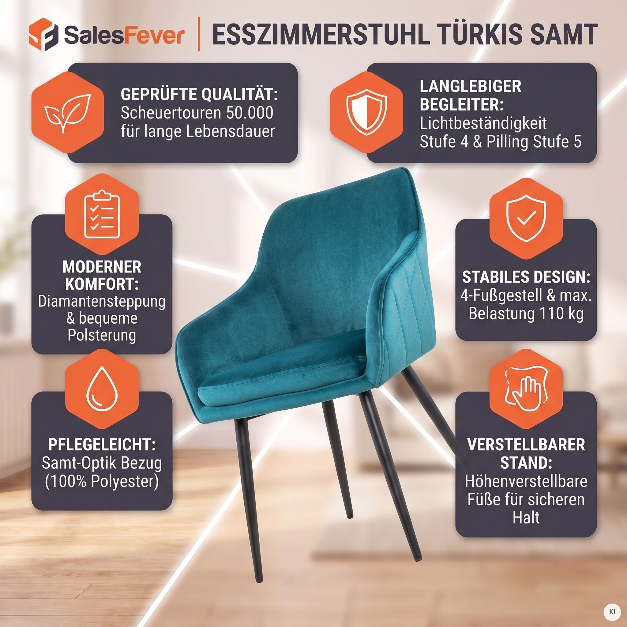 SalesFever Chaise avec accoudoirs »Komfortabler Esszimmerstuhl mit Stil« () avec matelassage diamant au dos