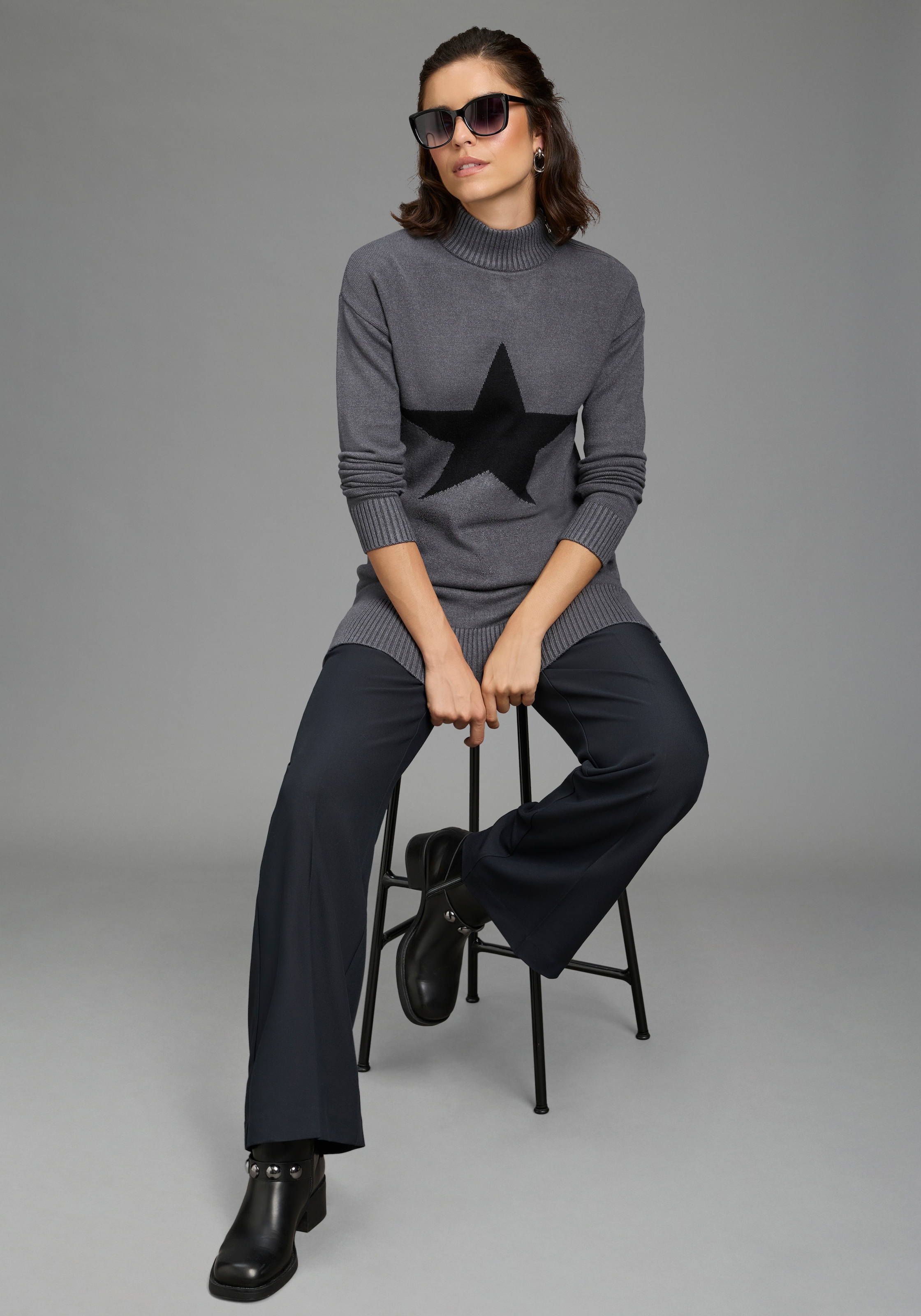 Laura Scott Strickpullover »mit Stehkragen und Reissverschluss, lässig geschnitten« mit Stern-Design