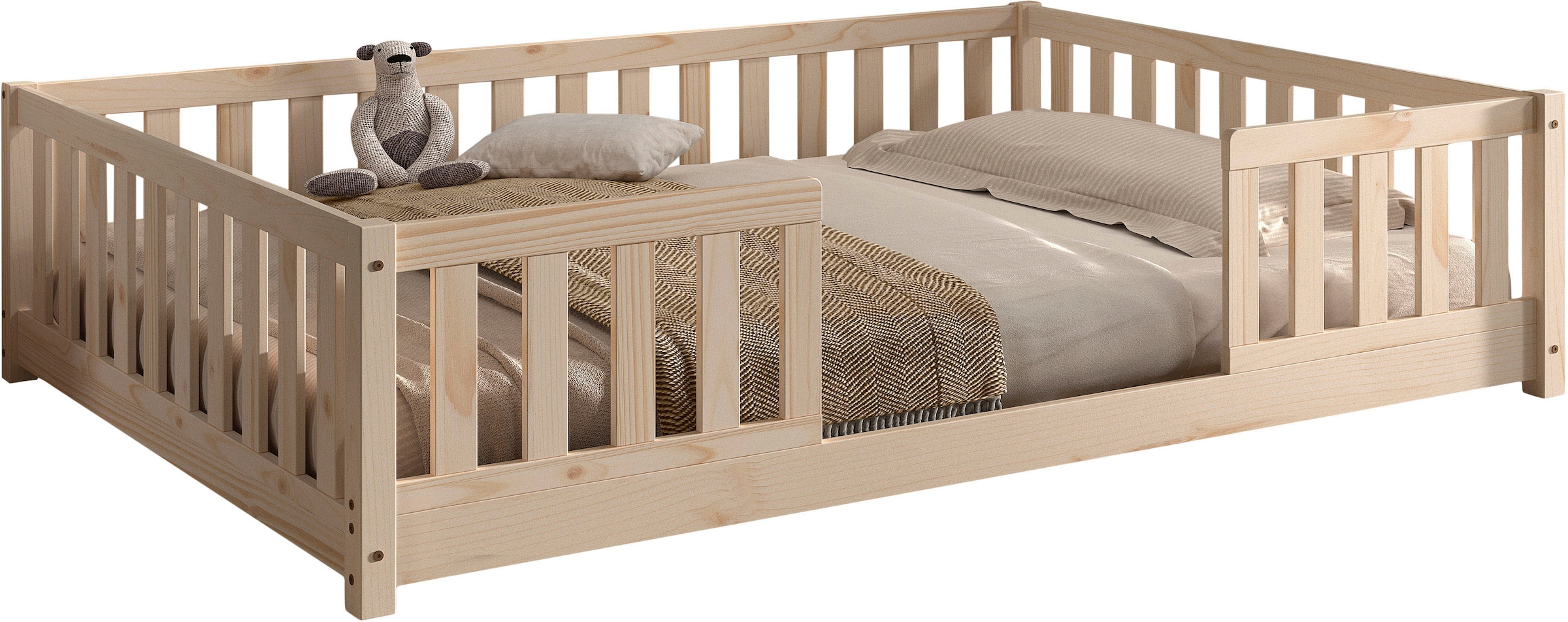 Vipack Kinderbett »Dallas, massiv Bett, Rausfallschutz, umbaubar vom Boden- zum Daybett« inkl. Rolllattenrost und Sprossenumrandung, 90 oder 140x200 cm breit,  stabil und standfest gebaut, wahlweise Kiefer massiv natur oder weiss