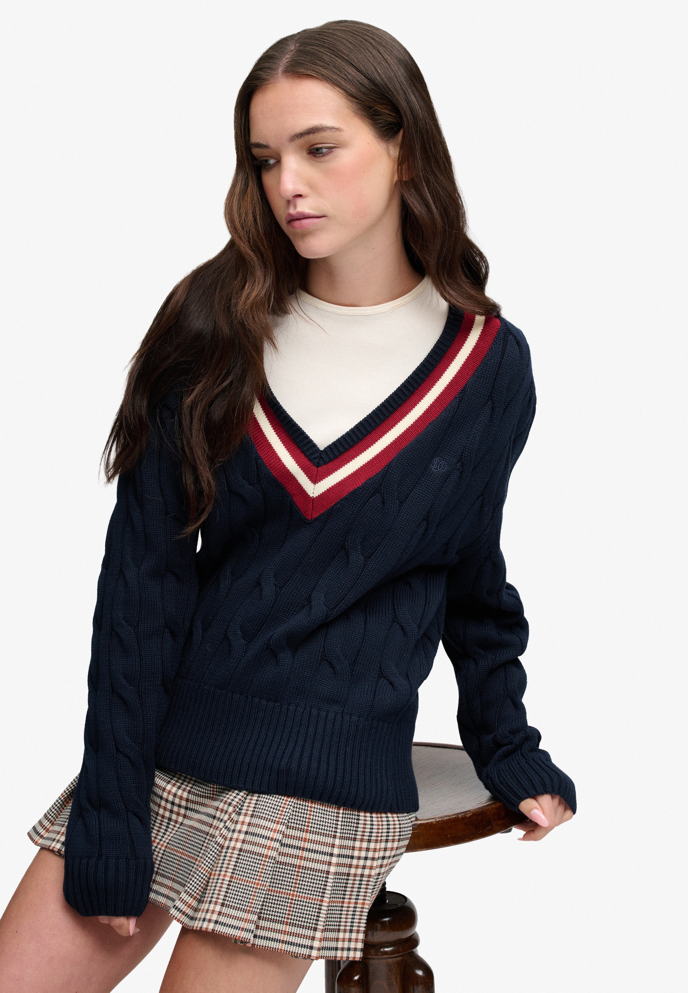 Superdry Pull col V »CLASSIC CABLE CRICKET KNIT« Baumwolle, loose fit