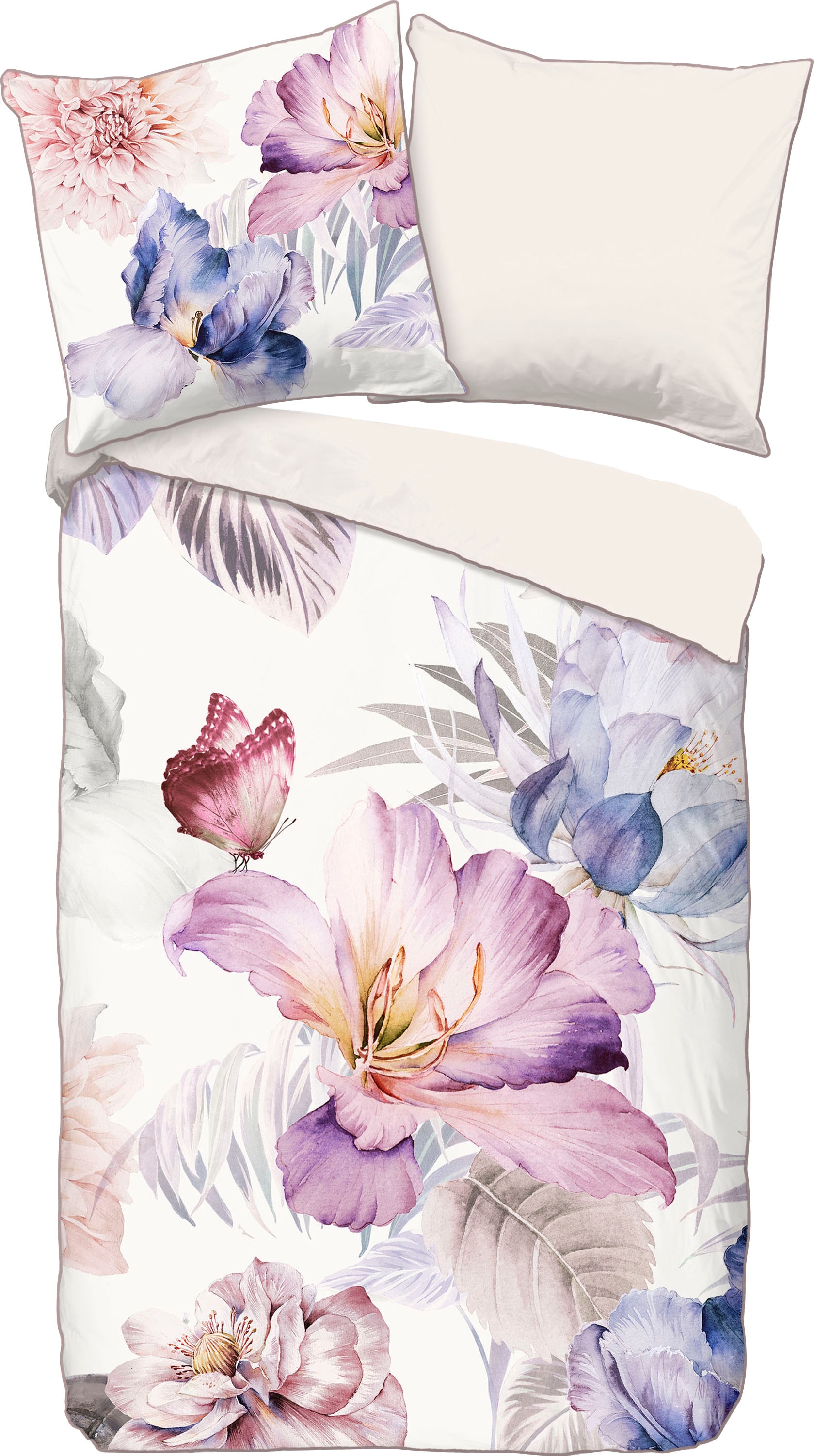 Descanso Wendebettwäsche »Caen«, Baumwolle, Satin, 135x200, Biese, Reissverschluss, Wende, Blumen, Natur