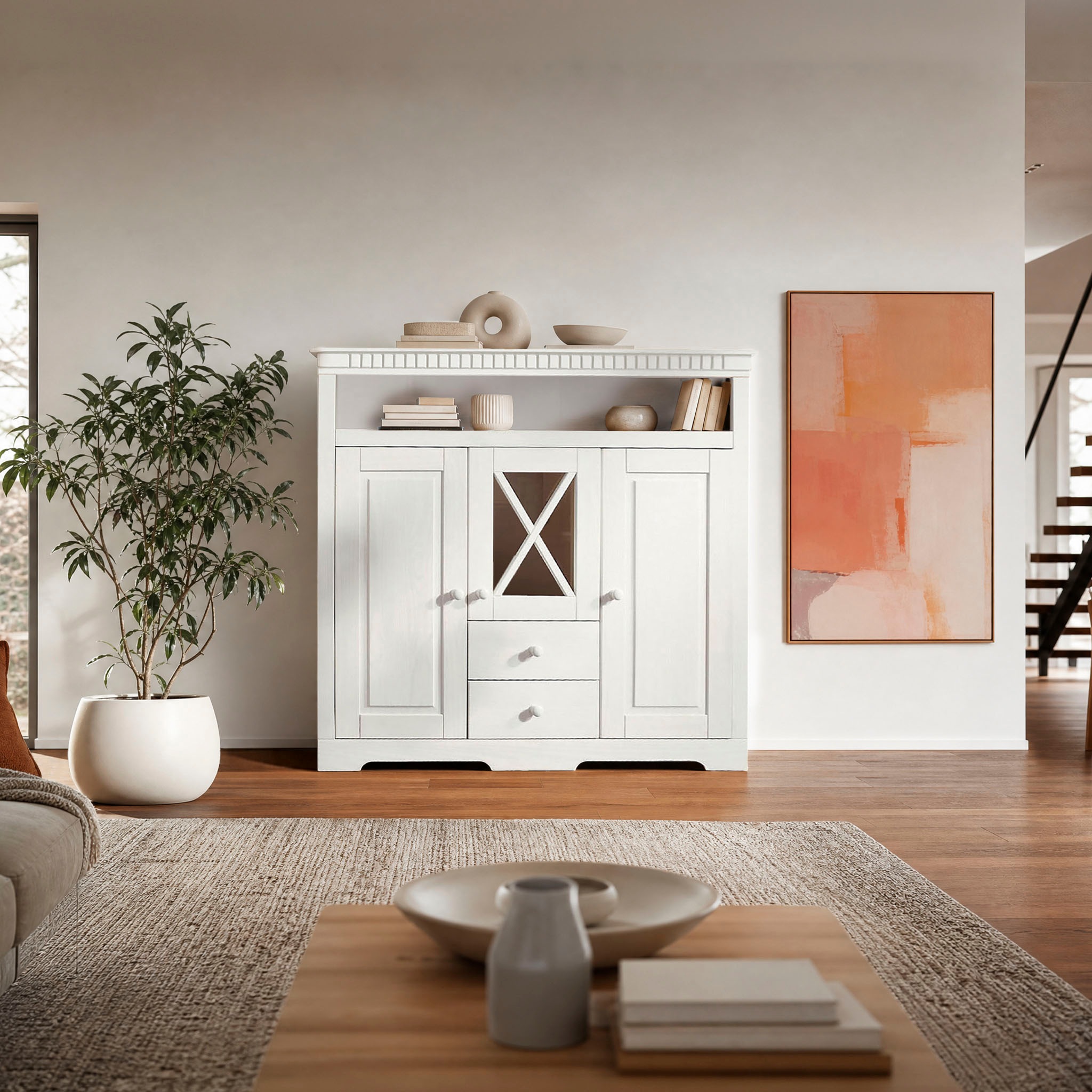 Image of GOODproduct Highboard "Lisa Kommode, offene & geschlossene Fächer & dekorative Fräsungen" massives Kiefernholz, 3 Türen, und 2 Schubladen, dekorativen Fräsungen