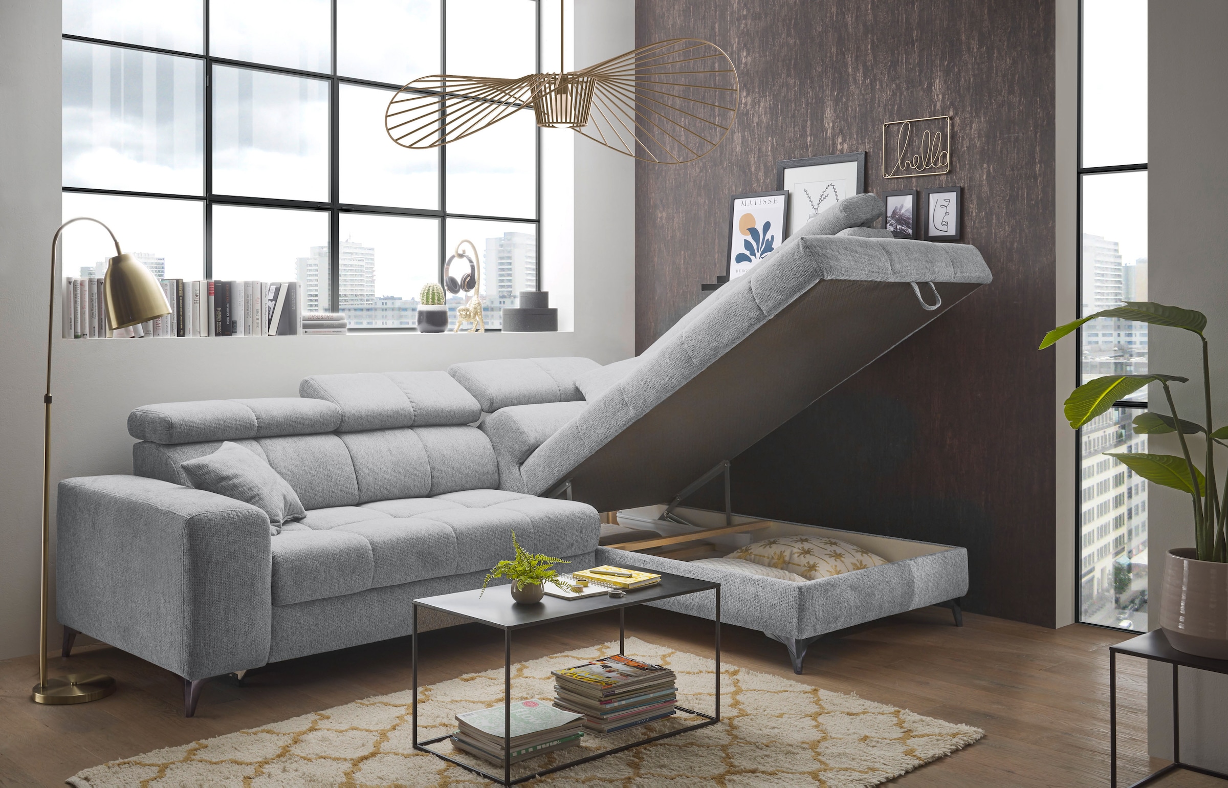 ED EXCITING DESIGN Ecksofa »Sydney L-Form«, mit Bettfunktion, Bettkasten, Kopfteilverstellung & 2 Zierkissen