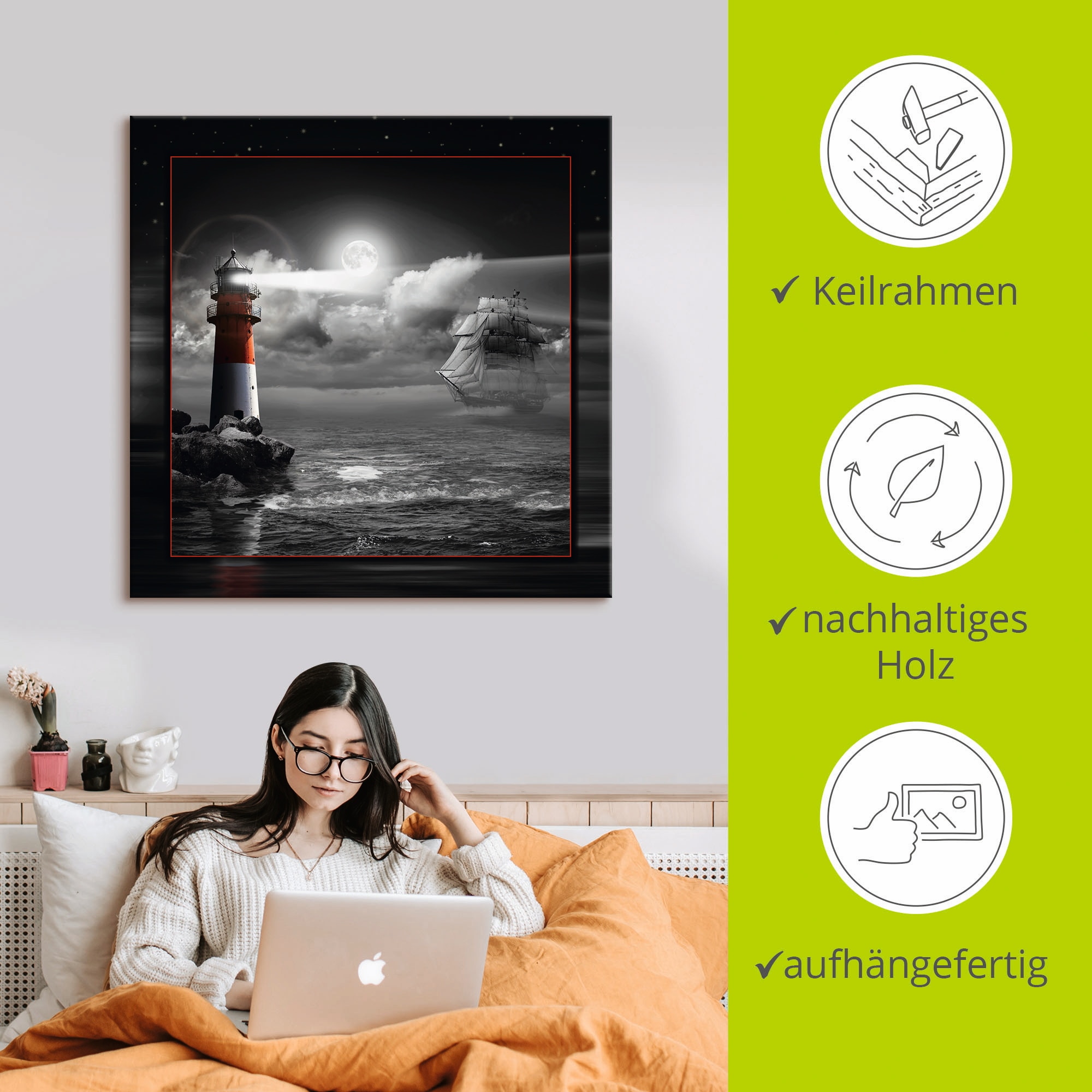 Artland Leinwandbild »Leuchtturm und Segelschiff im Mondschein« Küste 1 Stk. tlg. auf Holzrahmen gespannt