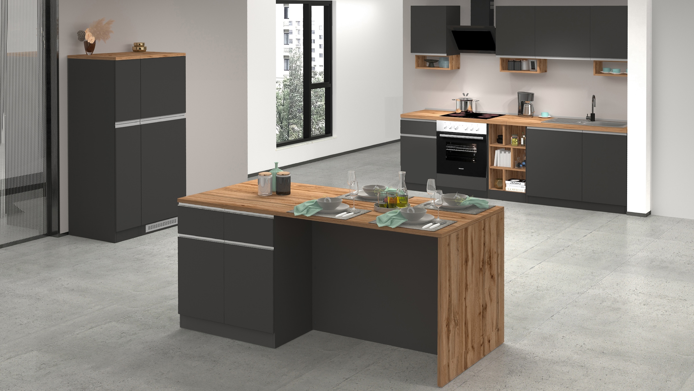 KOCHSTATION Ilot de cuisine »Sole,Kochinsel,Küchenarbeitsblock,Inselküche,Arbeitsinsel« Breite 200 cm mit 4 Türen,4 Schubkästen, Aluminiumgriff