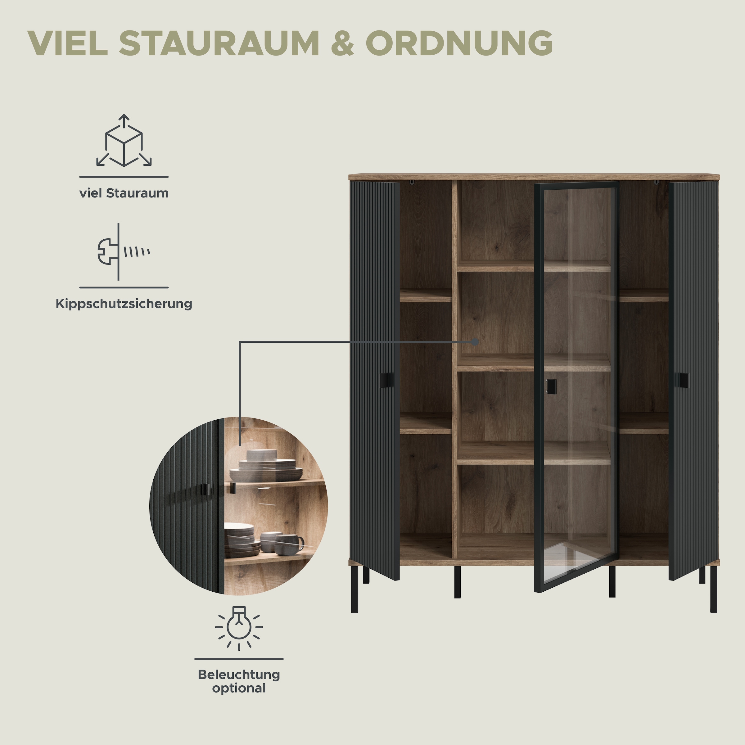 INOSIGN Highboard »TREVERK, Breite: 115 cm, hochwertige MDF-Front schwarz tiefzieh« 1 Stk. tlg. Highboard, Wohnzimmer, Esszimmer