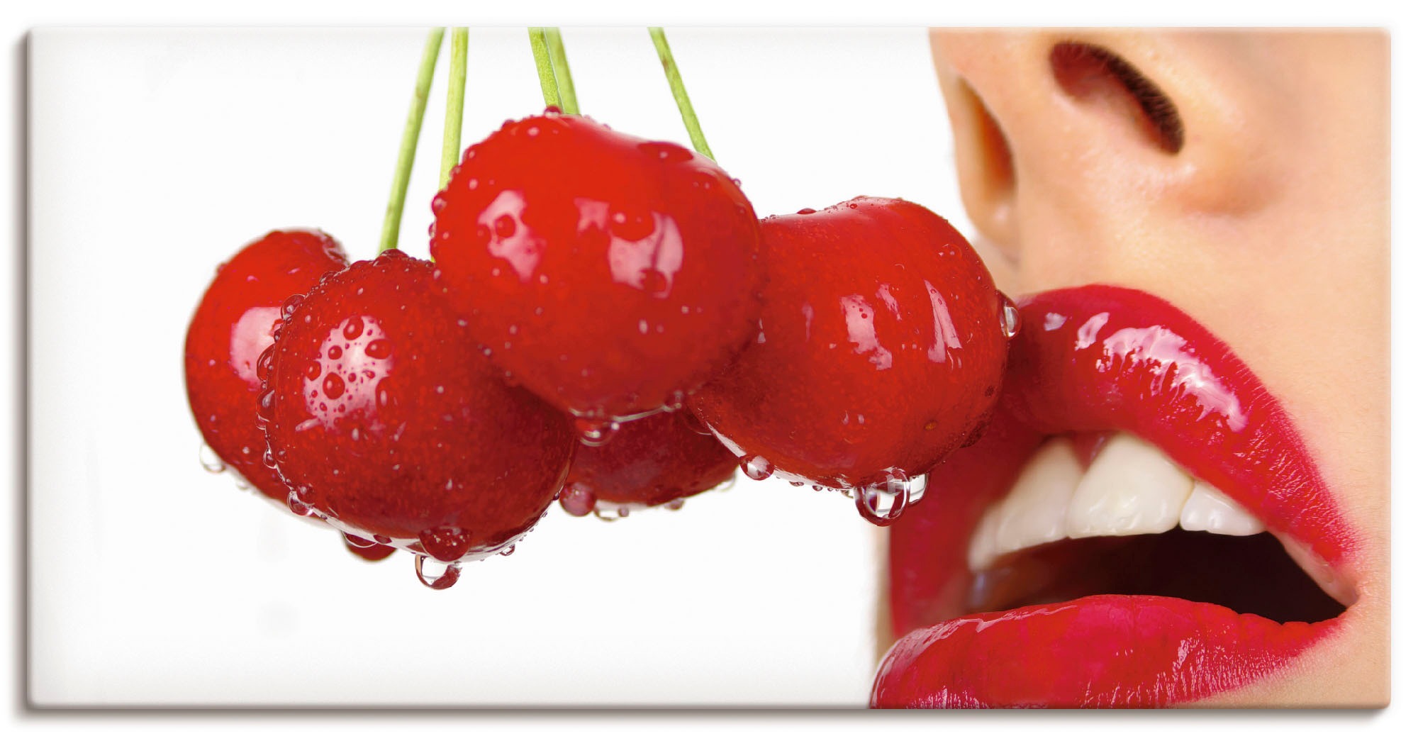 Image of Artland Wandbild »Bild von Kirschen und Lippen auf weiss«, Lebensmittel, (1 St.), in vielen Grössen & Produktarten - Alubild / Outdoorbild für den Aussenbereich, Leinwandbild, Poster, Wandaufkleber / Wandtattoo auch für Badezimmer geeignet bei Ackermann V