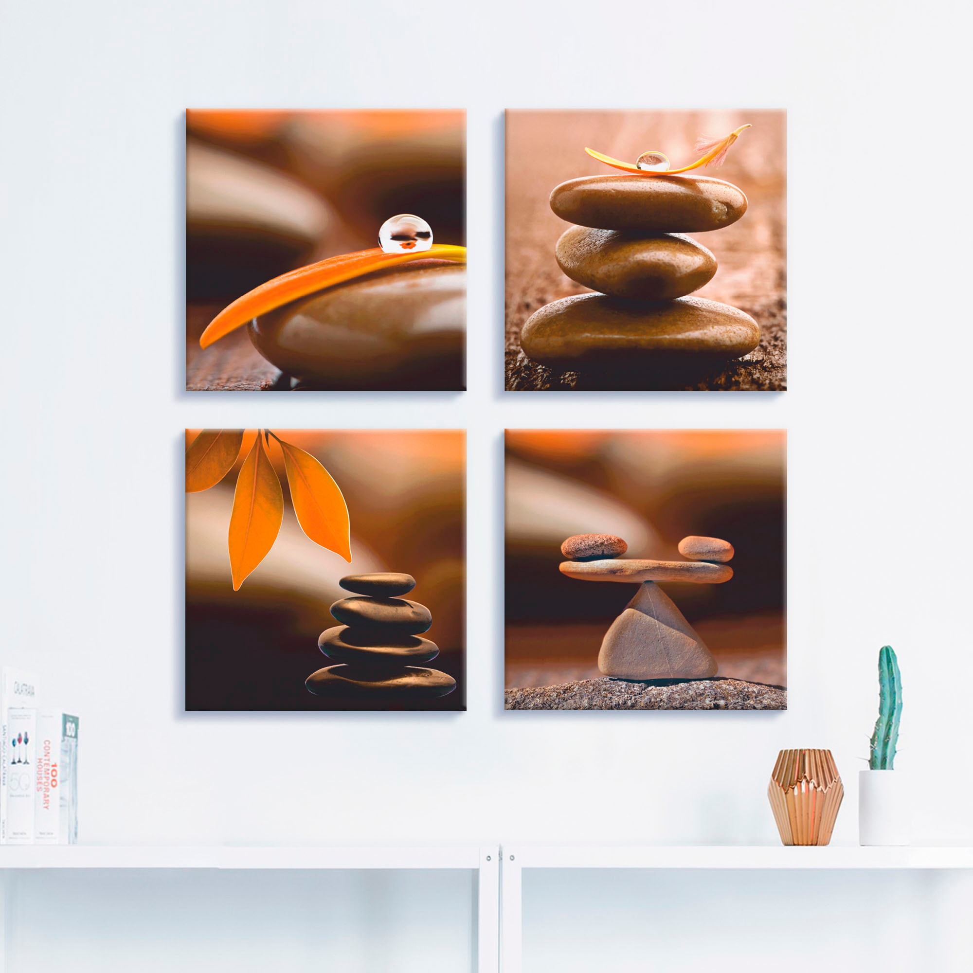Artland Leinwandbild »Blumenblatt Tropfen Zen Pyramide Waage«, Zen, (4 St.), 4er Set, verschiedene Grössen