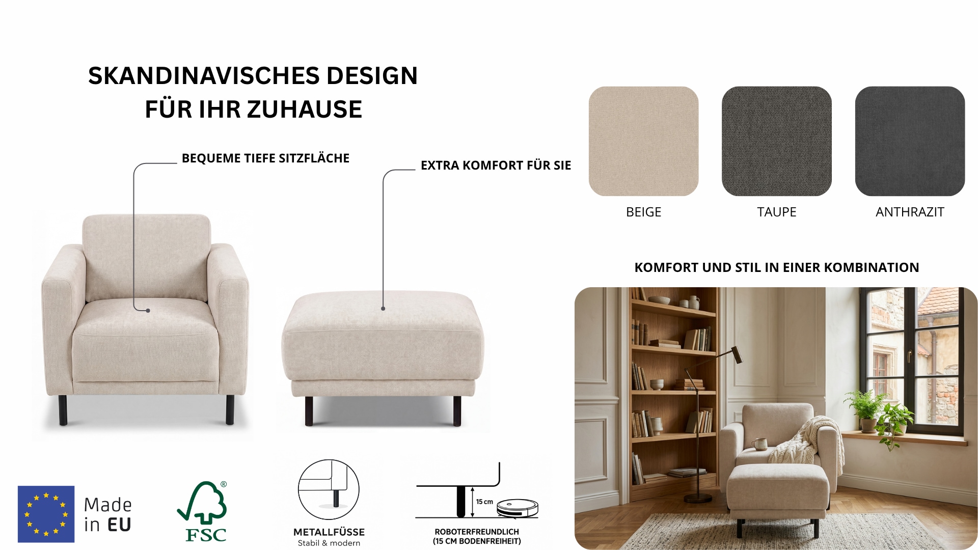 GOODproduct Fauteuil »Sveeva, Breite 78 cm, schwarze Metallfüsse« tissu structuré durable, plusieurs couleurs au choix