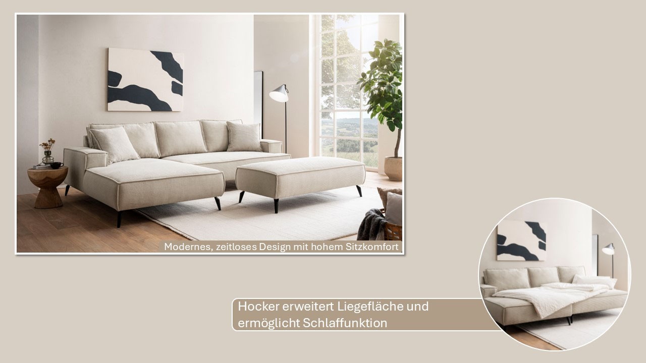 andas Ecksofa »TVINNU, L-Form in Cord, Sofa«, wahlweise Recamiere rechts/links, schwarze Füsse, bequemer Sitzkomfort