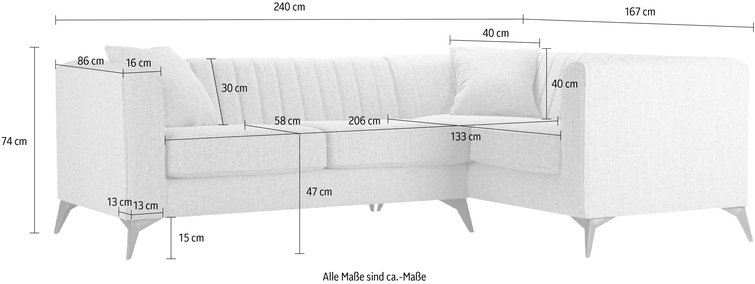 Places of Style Ecksofa »MATTHEW L-Form ideal für kleine Räume, Masse B/T/H: 240/167/74 cm«, elegantes Designsofa, Steppung im Rücken, incl. Zierkissen