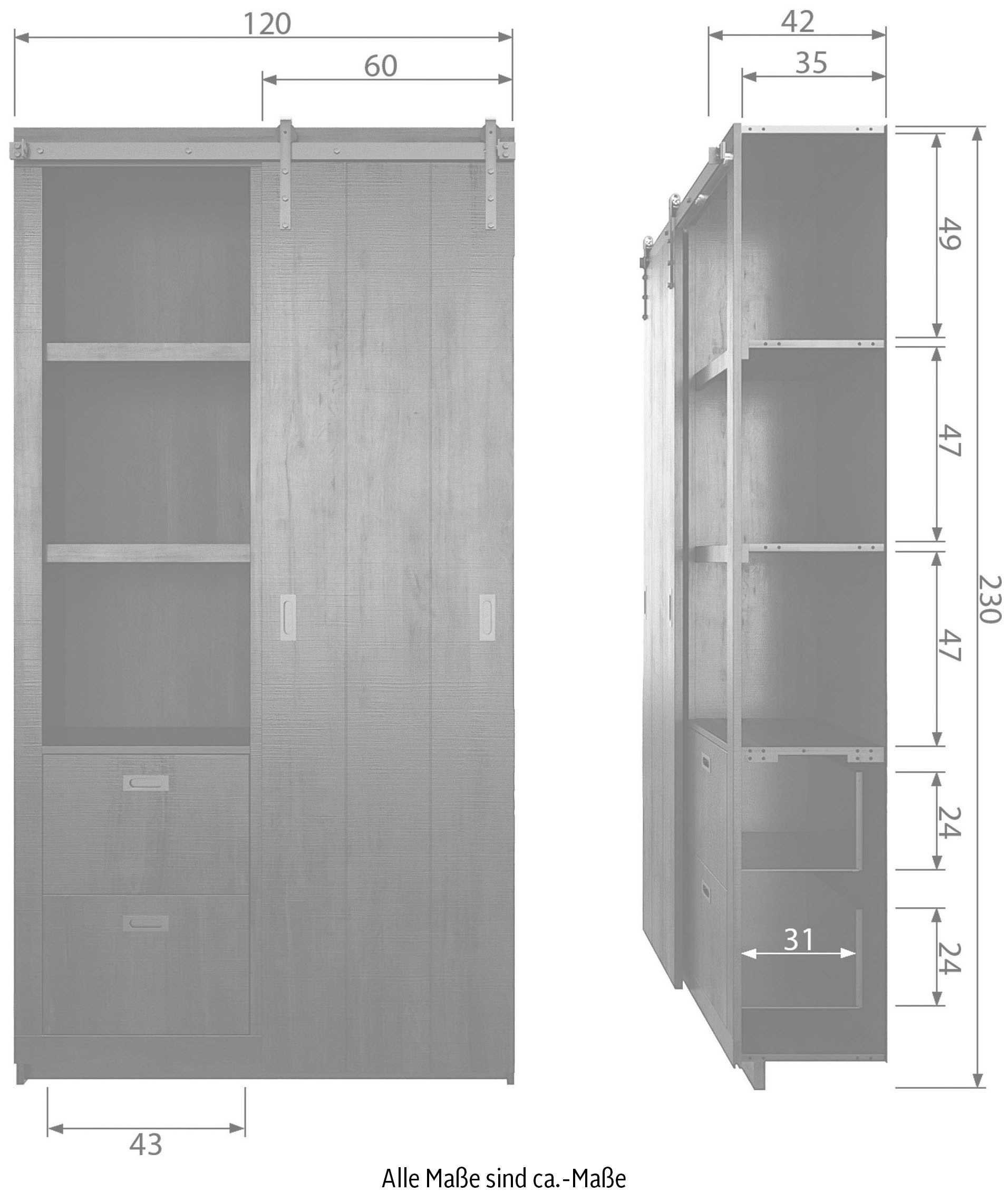 WOOOD Vitrine »Slide Barn FSC®-Kiefernholz bandsägerauh, H 230 x B 122 x T 37 cm« Metallschiene für Schiebetür, lackierte Oberfläche, pfleigleicht