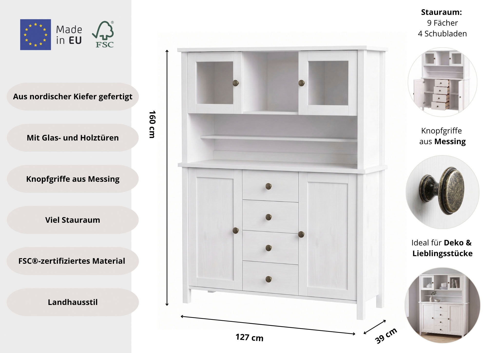 GOODproduct Buffet »Mikkeli Küchenbuffet mit 2 Glastüren, Metallgriffe« aus massiver FSC®-zertifizierter Kiefer, moderner Landhausstil