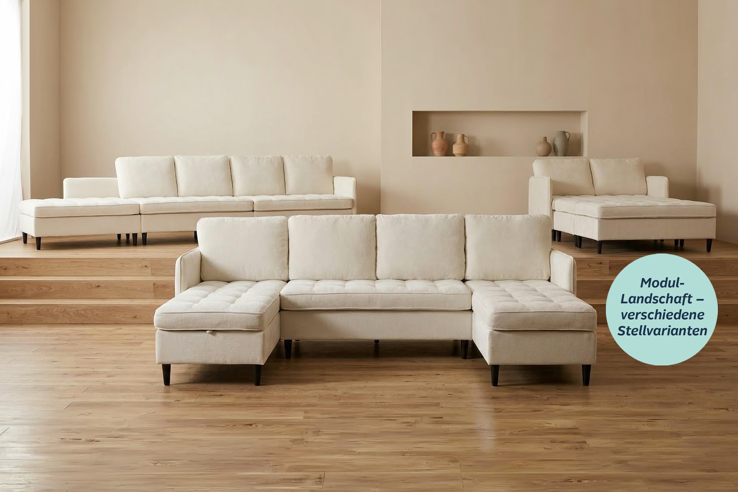 Dorel Home Wohnlandschaft »LINDHUS, Chenille, Modulsofa, verschiedene Stellvarianten« Breite als U-Form (254cm) mit Verbindern fixierbar, Recamiere,Stauraum