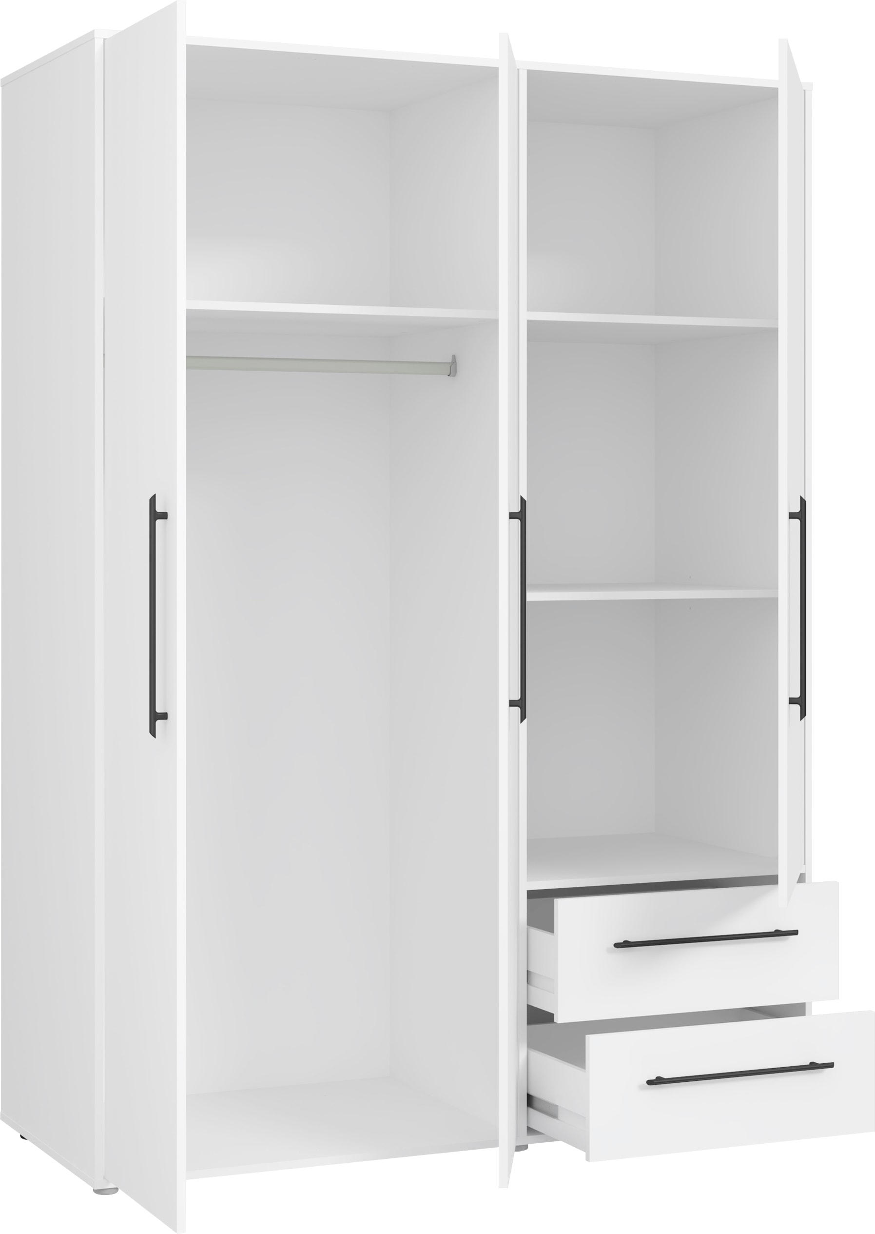 FORTE Armoires à vêtements »Mokkaris , Garderobe, zeitloses Design, 3 Türen, Made in Europe« L/H/P env. 144x200x59 cm,  Deux tiroirs, poignées barres noires, rangement, aussi en noir