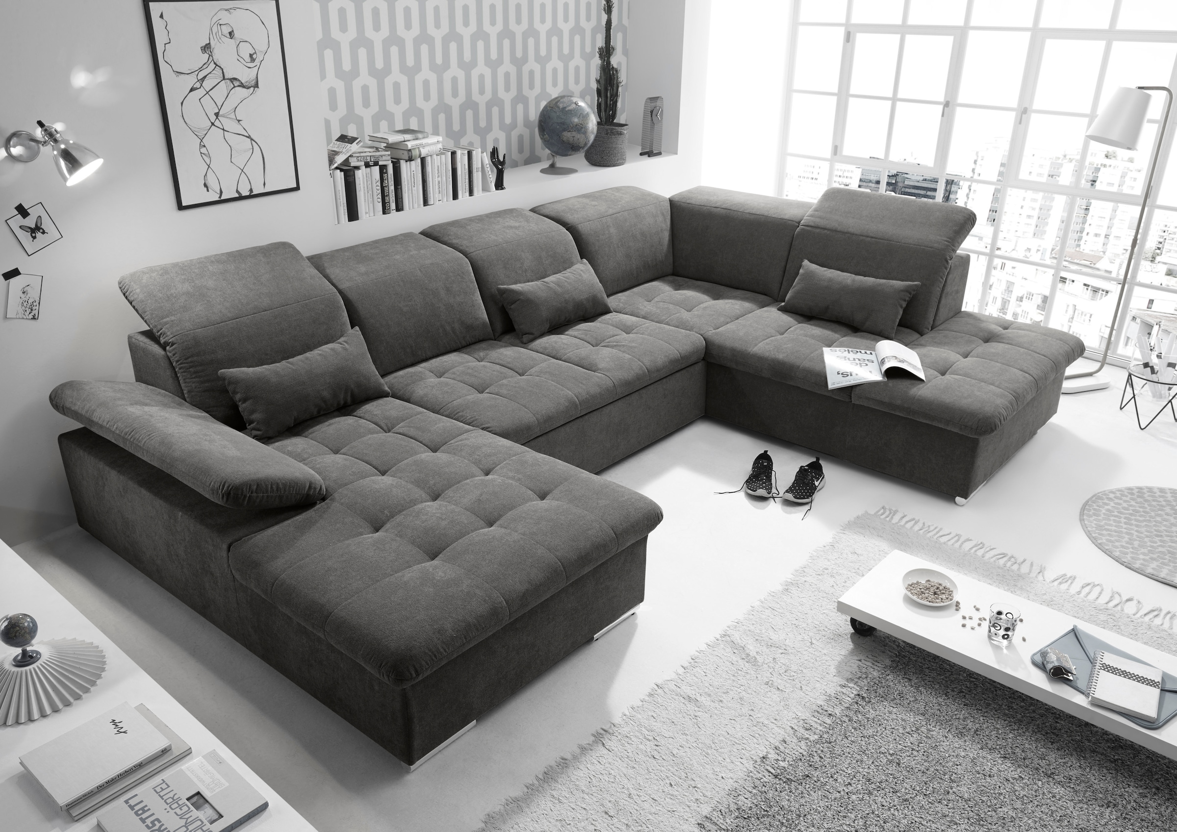 Image of ED EXCITING DESIGN Wohnlandschaft "Wayne U-Form mit Bettfunktion, Bettkasten" Arm- und Kopfteilverstellung & 3 Nierenkissen