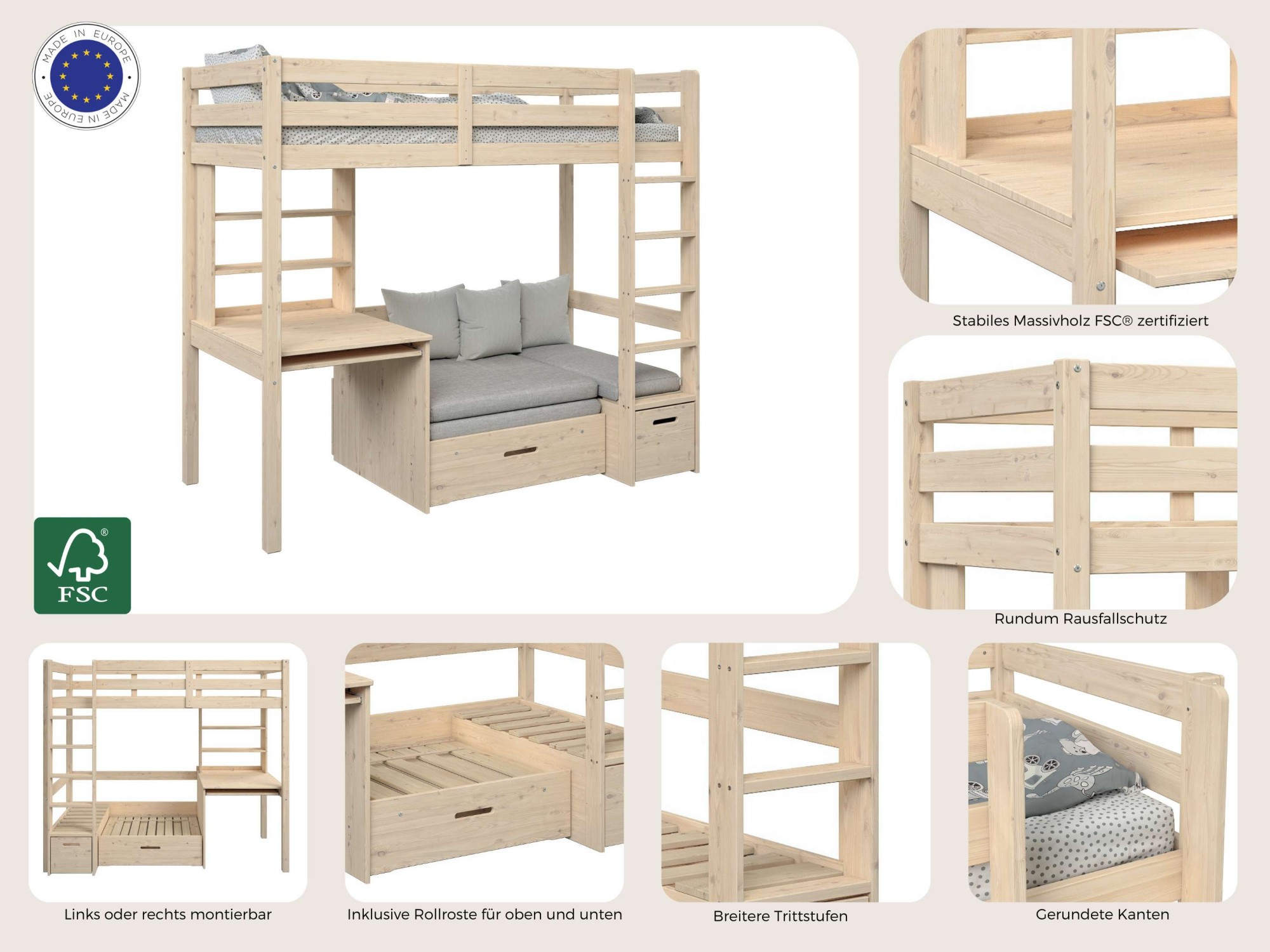Lüttenhütt Etagenbett »HENNE' TOPSELLER! Hochbett, Ideal für kleine Räume, 2 Schlafplätze«, (zweiter Schlafplatz ausziehbar, B/H/T ca. 208/180/105cm), mit Polsterauflagen+ Schreibtisch + Stauraum, mehrere Farben