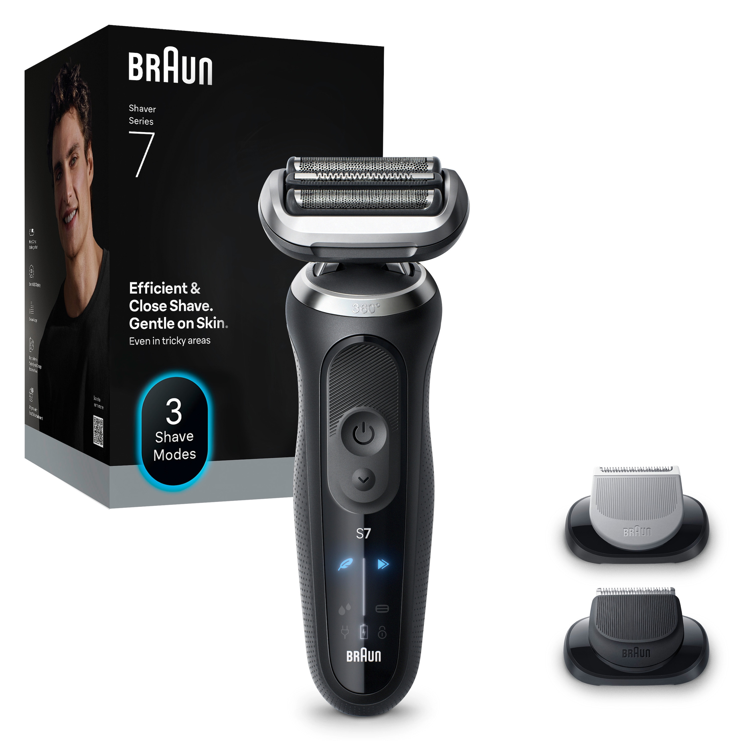 Image of Braun Elektrorasierer "Series 7 72-N1620s" 2 Stk. Aufsätze Bis zu 60 Min Akku, +2 Aufsätze, 100% wasserdicht, Made in Germany