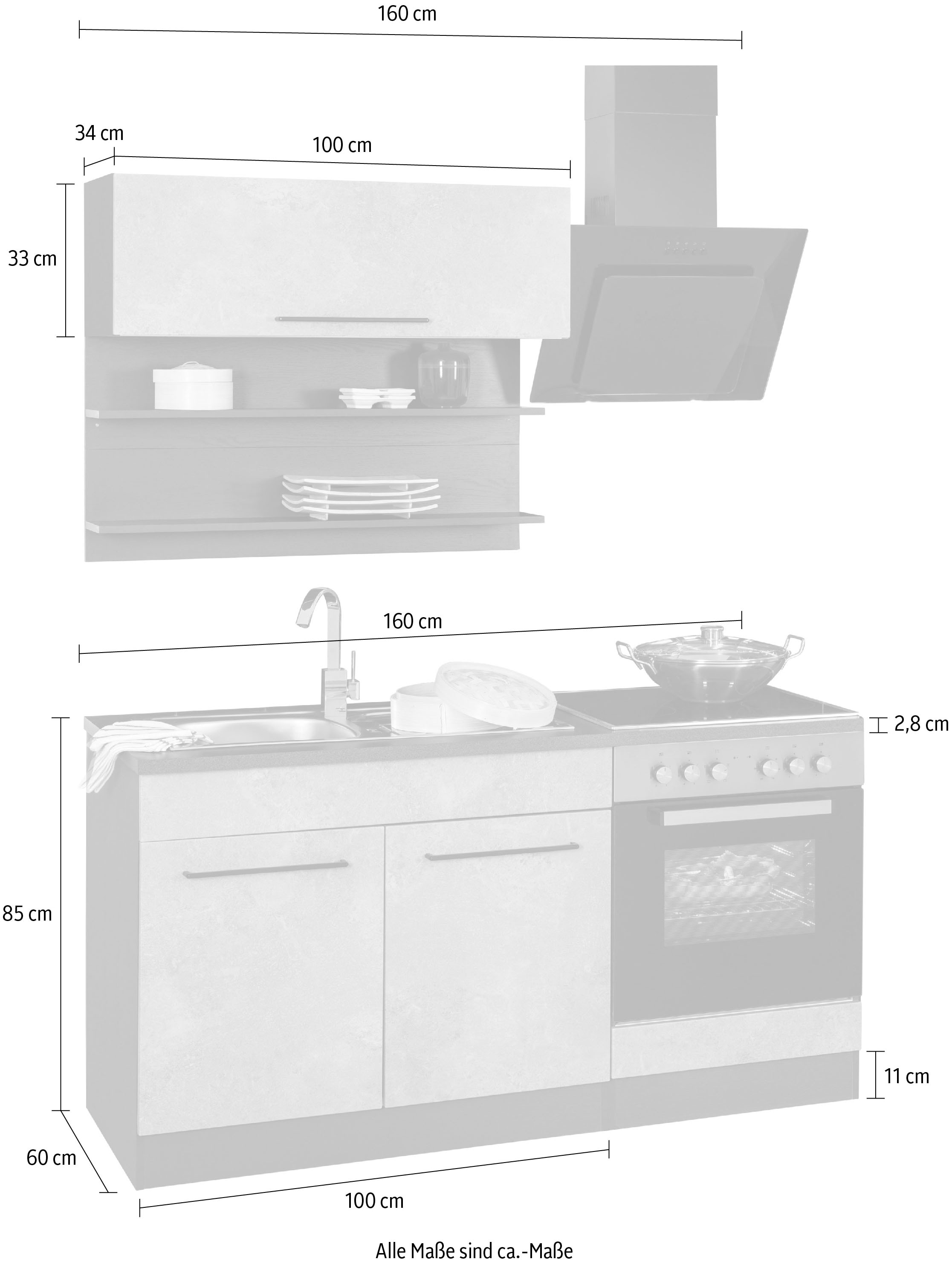 KOCHSTATION Pantryküche »KS-Tulsa« Breite 160 cm, schwarze Metallgriffe, hochwertige MDF Fronten