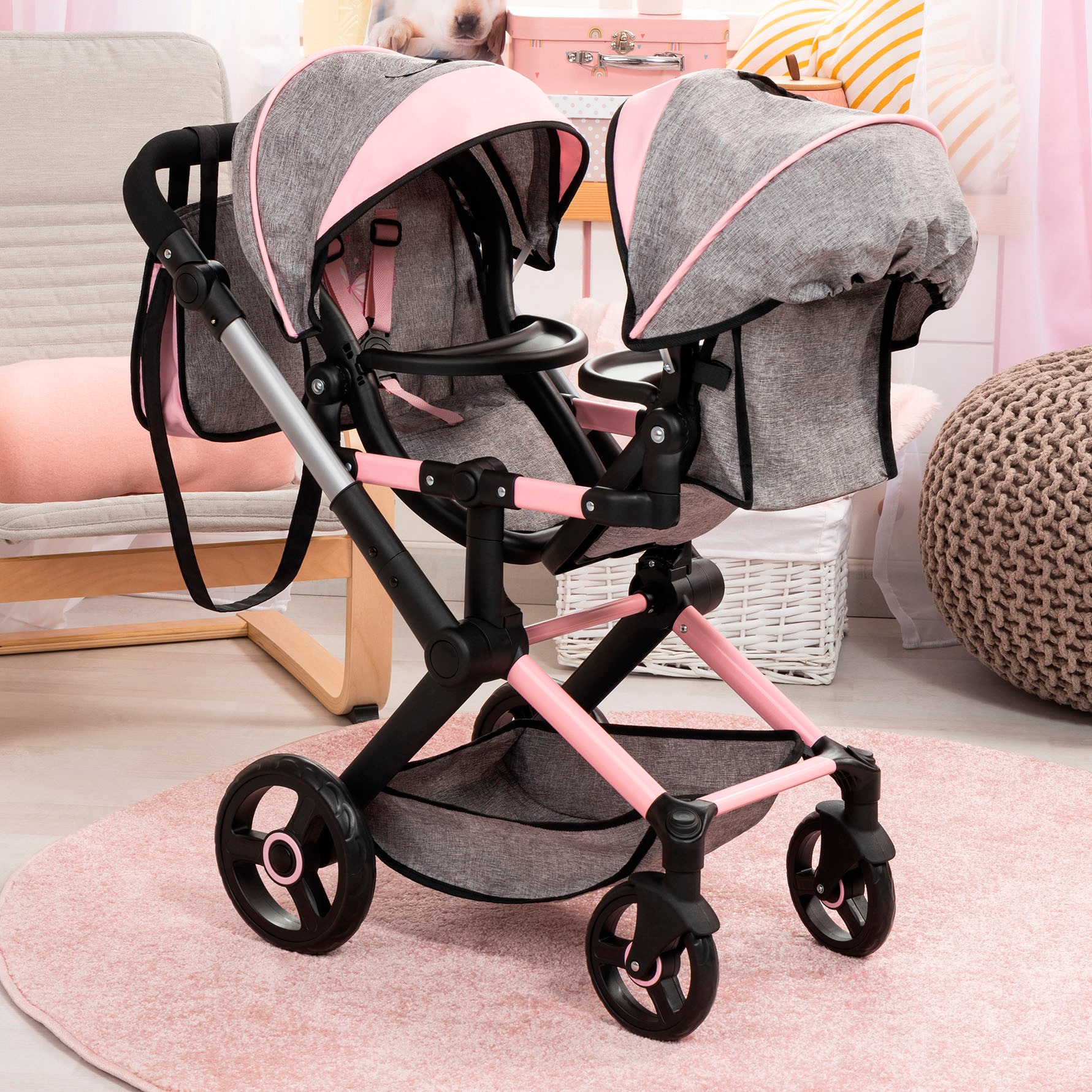 Bayer Poussette jumelle pour poupée »Xeo Twin grau/rosa« mit Wickeltasche