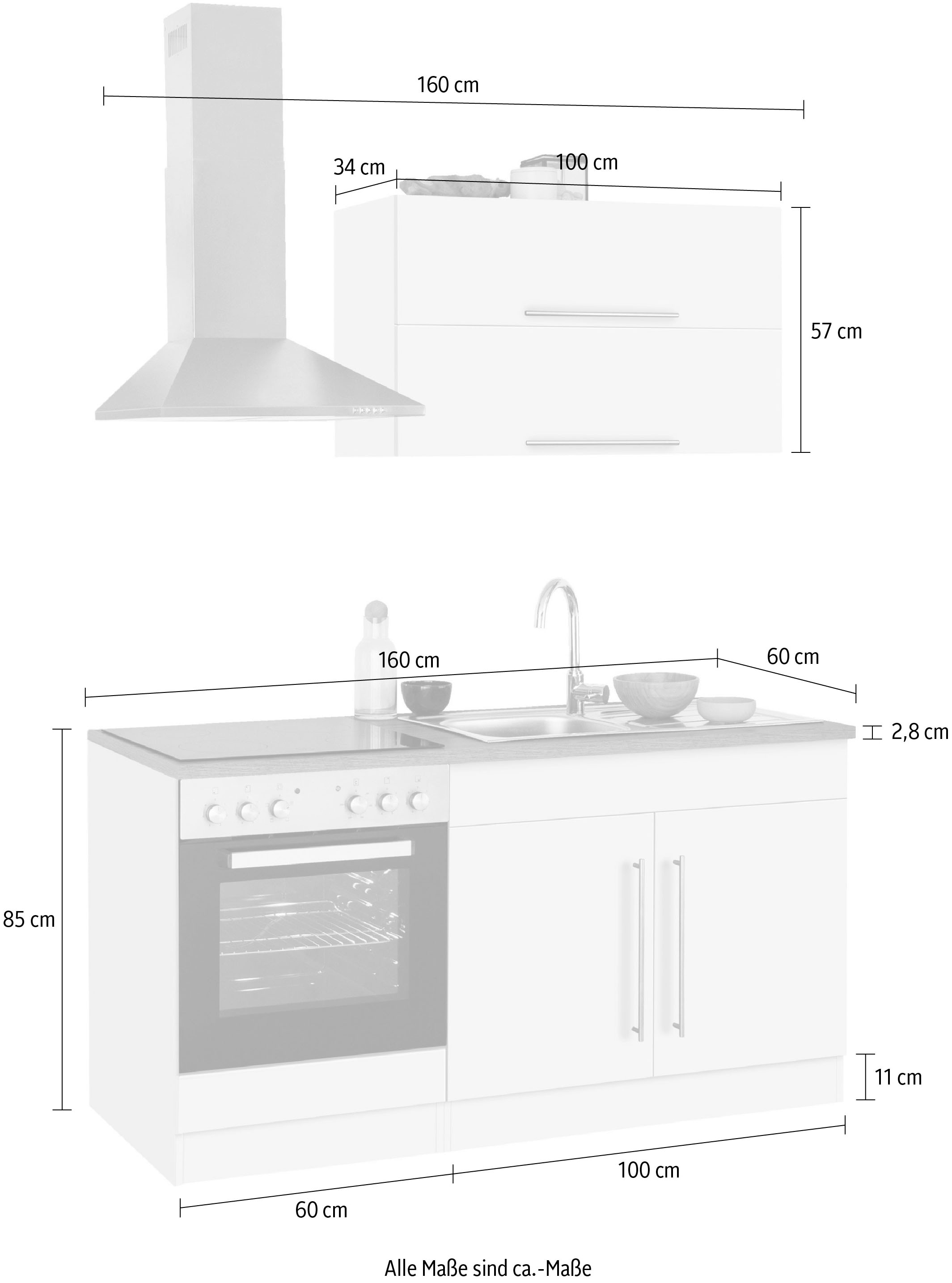 KOCHSTATION Kitchenette »KS-Samos« largeur 160 cm, au choix avec appareils électriques et plaque vitrocéramique