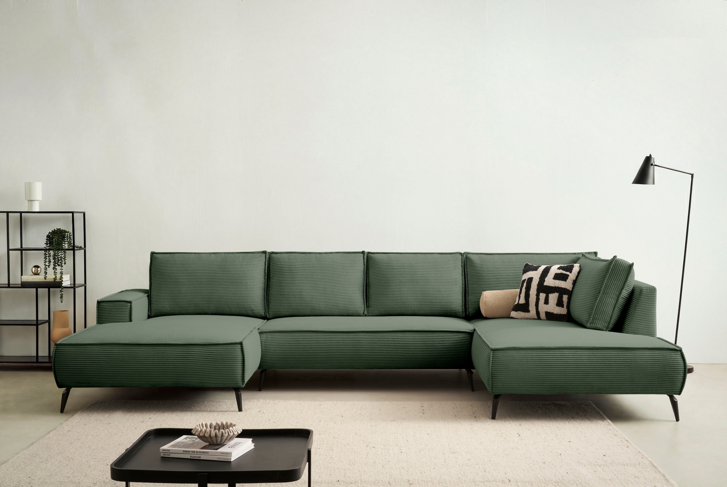 Home affaire Paysage de salon »TVINNU, moderne U-Form, Couch in Cord oder Webstoff in Leinenoptik« Recamiere rechts/links, schwarze Metallfüsse, bequeme Sitz-/Liegefläche