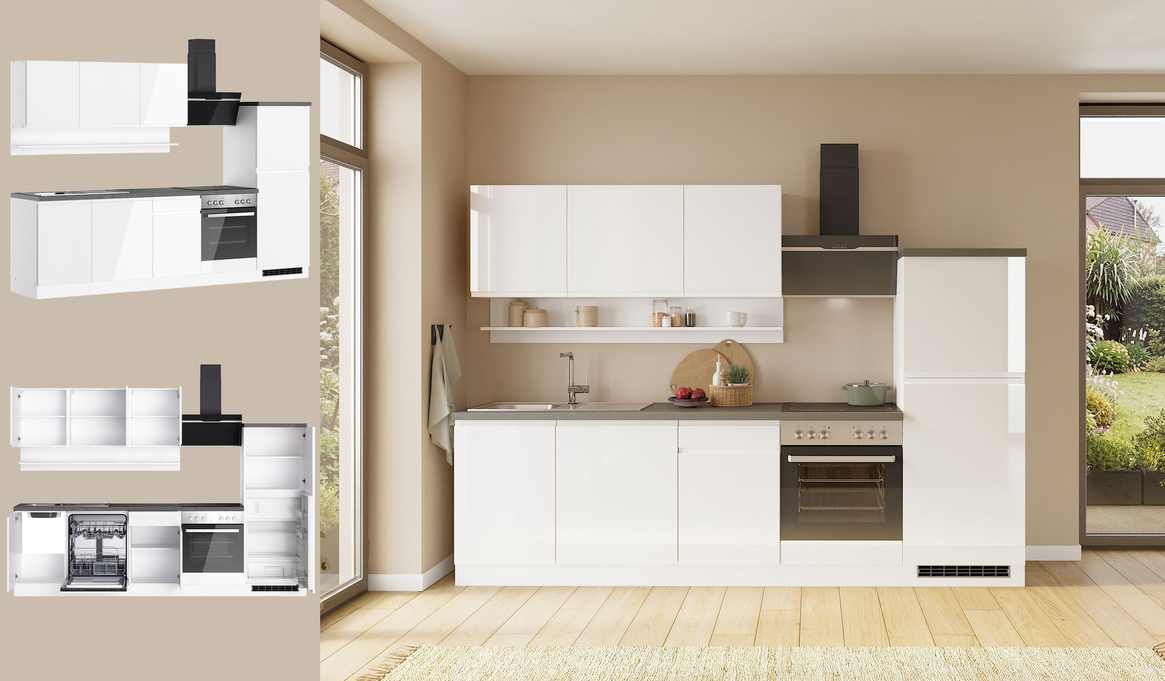 KOCHSTATION Kitchenette »KS-Virginia,neu in verbesserter Ausführung« plan de travail épaisseur 38 mm, rangement, fermeture douce,  Largeur 280 cm, fermeture douce, avec ou sans appareils électriques