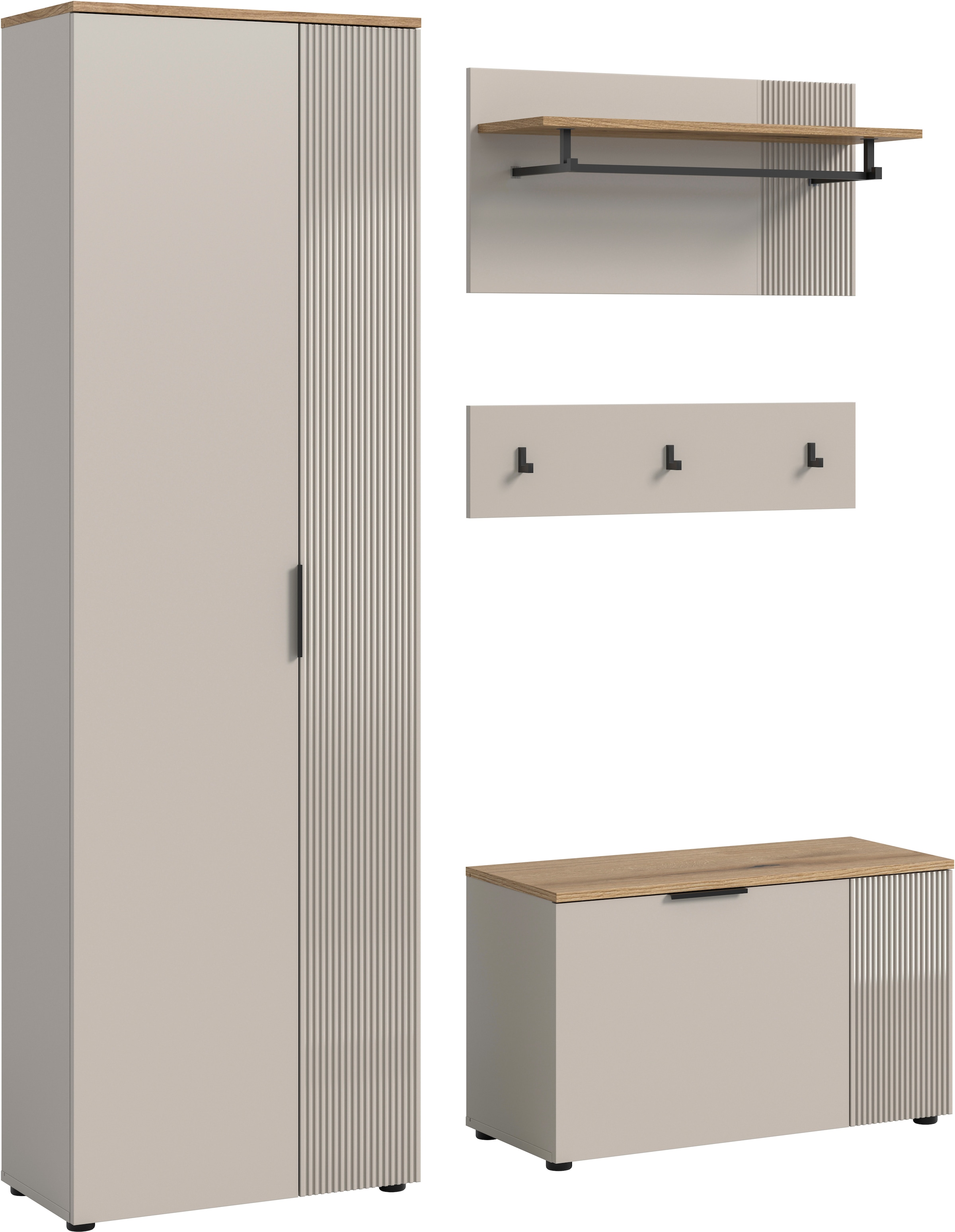 Image of Home affaire Garderoben-Set "EDIL, Breite 155 cm, 4-teilig, Front mit hochwertiger Längstfräsung" Set, best. aus: Hochschrank, Sitzbank, Paneel & Hakenleiste, 3 Stk. tlg.
