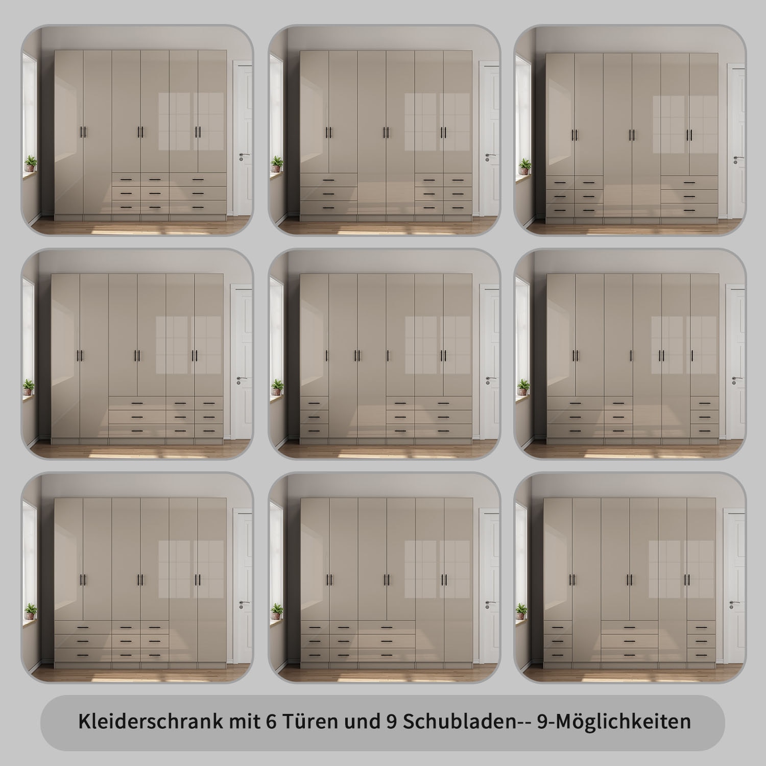 GOODproduct Armoires à vêtements »Trento Schlafzimmerschrank Garderobe hochglanz« in 2 unterschiedlichen Schrankhöhen wählbar,  Schrank mit 6 Türen und 9 Schubladen, Hochglanz-Fronten, 2,39m Höhe